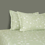 Elegant Sage Green Botanical Pure Cotton 210 TC Super King Bedsheet with 2 Pillow Covers (108x108 Inches)