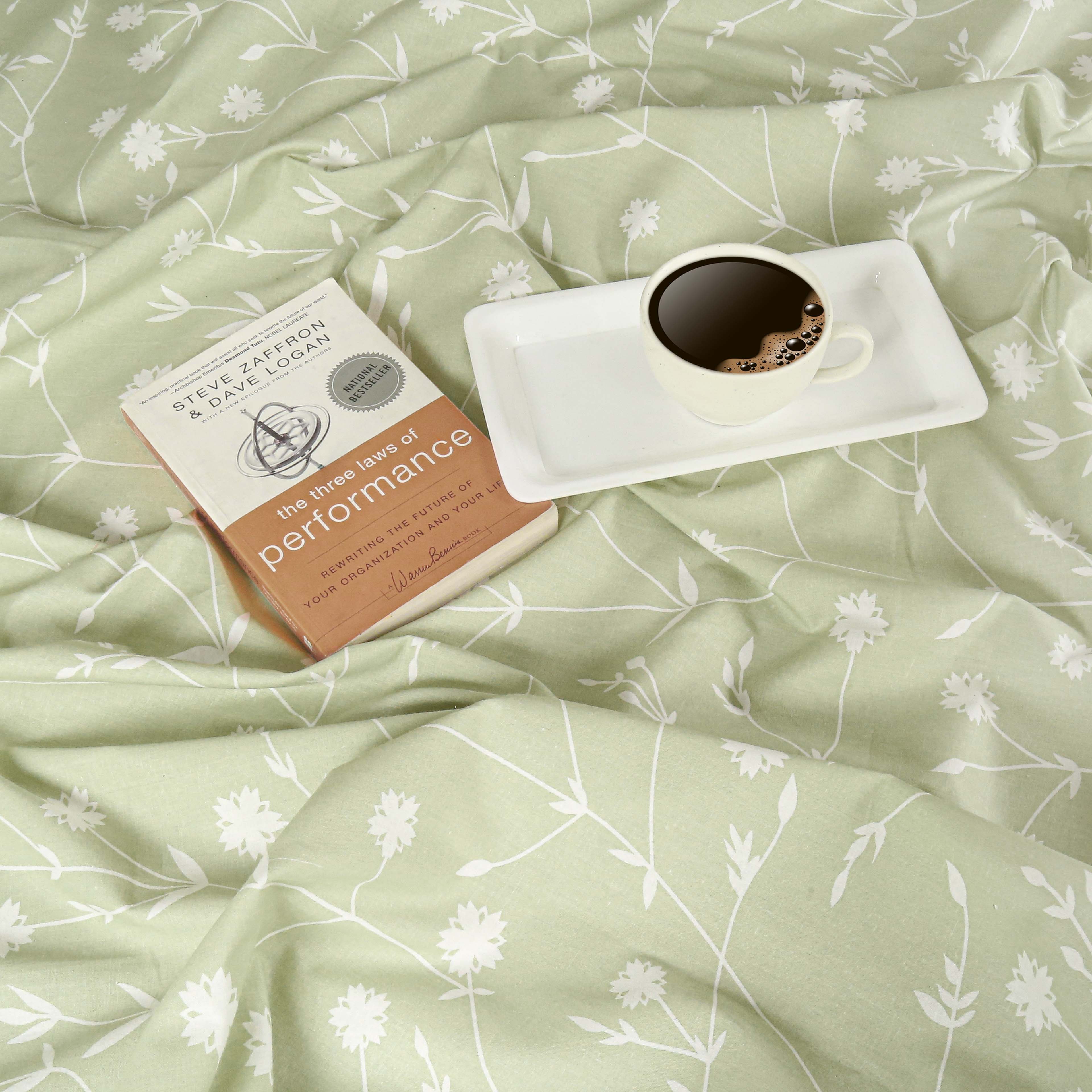 Elegant Sage Green Botanical Pure Cotton 210 TC Super King Bedsheet with 2 Pillow Covers (108x108 Inches)