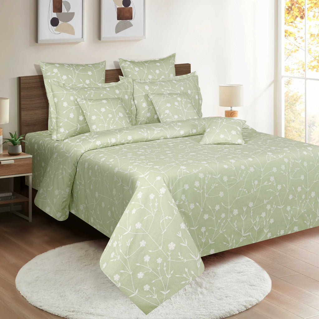 Elegant Sage Green Botanical Pure Cotton 210 TC King Fitted Bedsheet with 2 Pillow Covers (72x78x10 Inches)