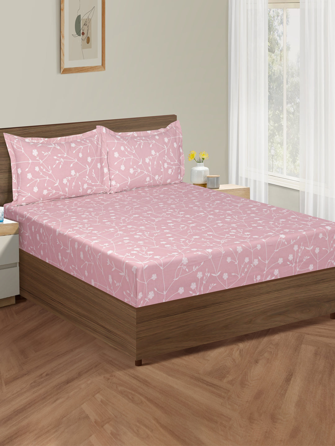 Elegant Blush Pink Floral Pure Cotton 210 TC Super King Bedsheet with 2 Pillow Covers (108x108 Inches)
