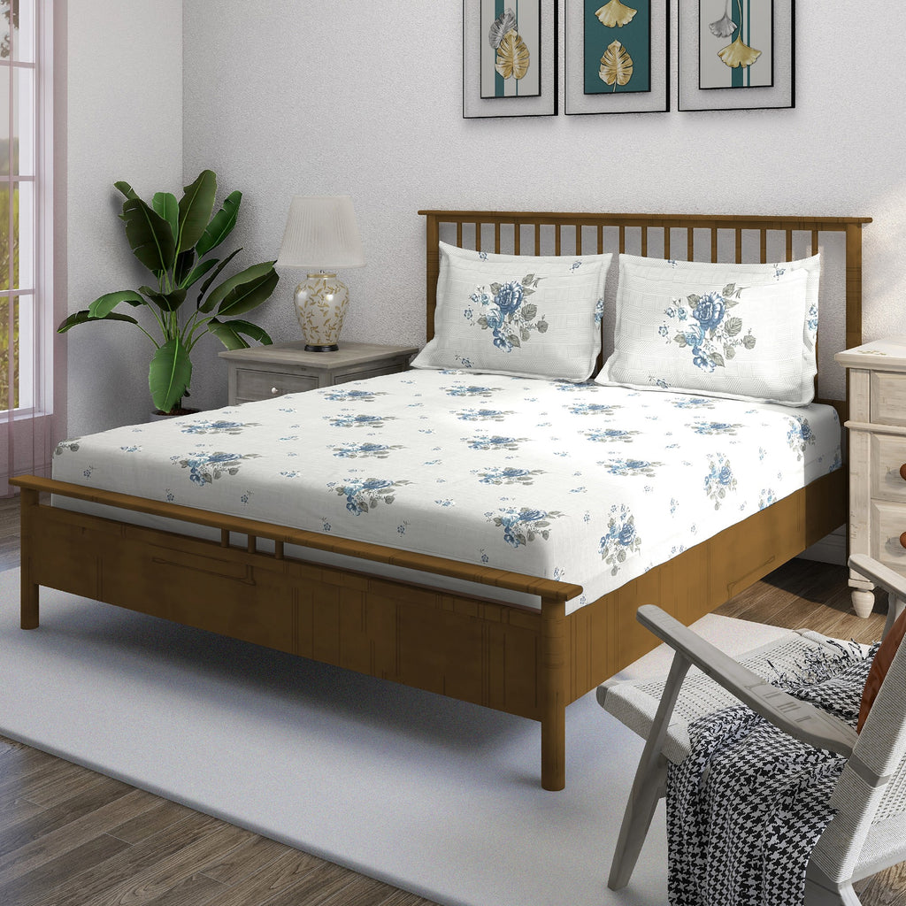 Blue Flora - 210TC Pure Cotton Super King Bedsheet (108x108 Inches)