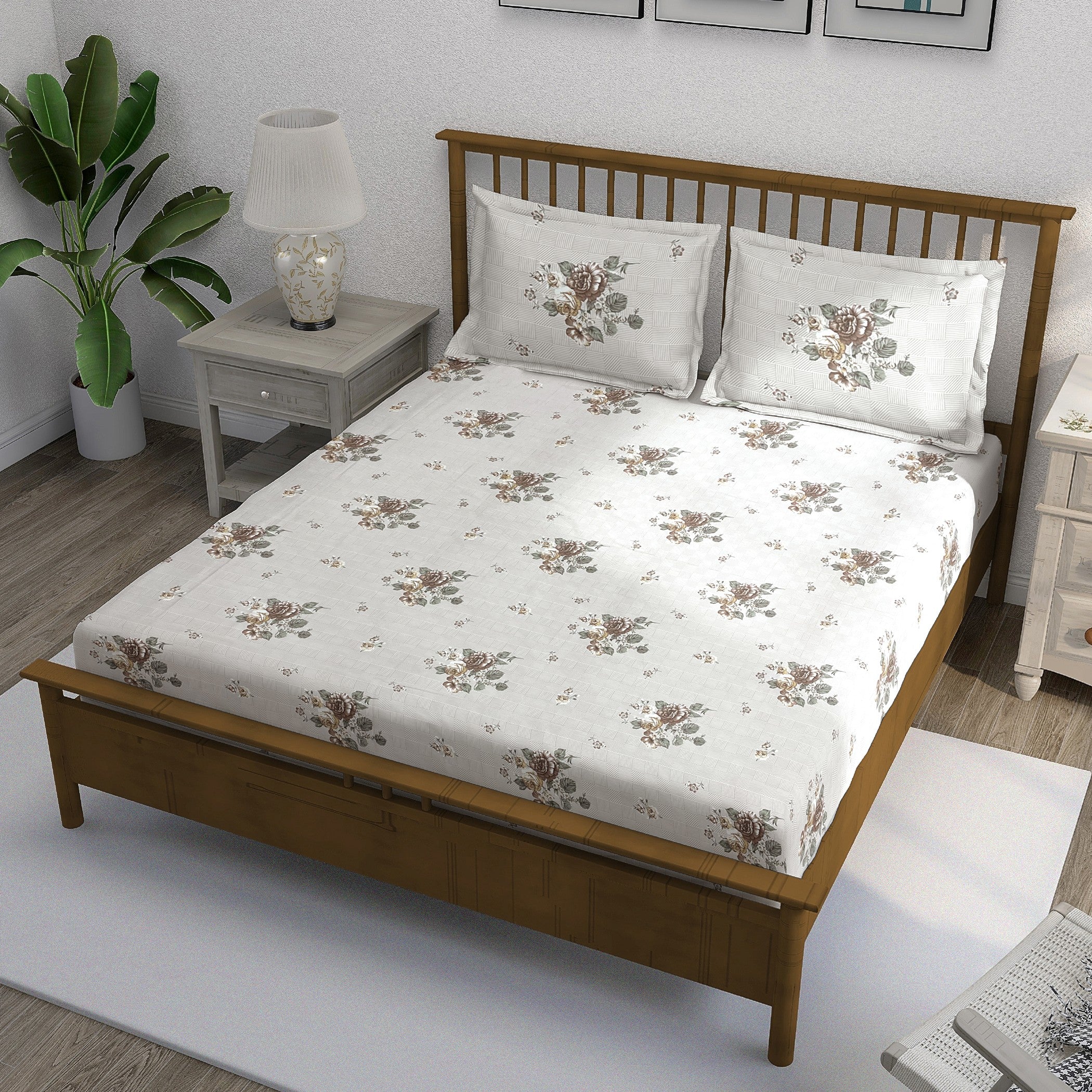 Brown Flora - 210TC Pure Cotton Super King Bedsheet (108x108 Inches)
