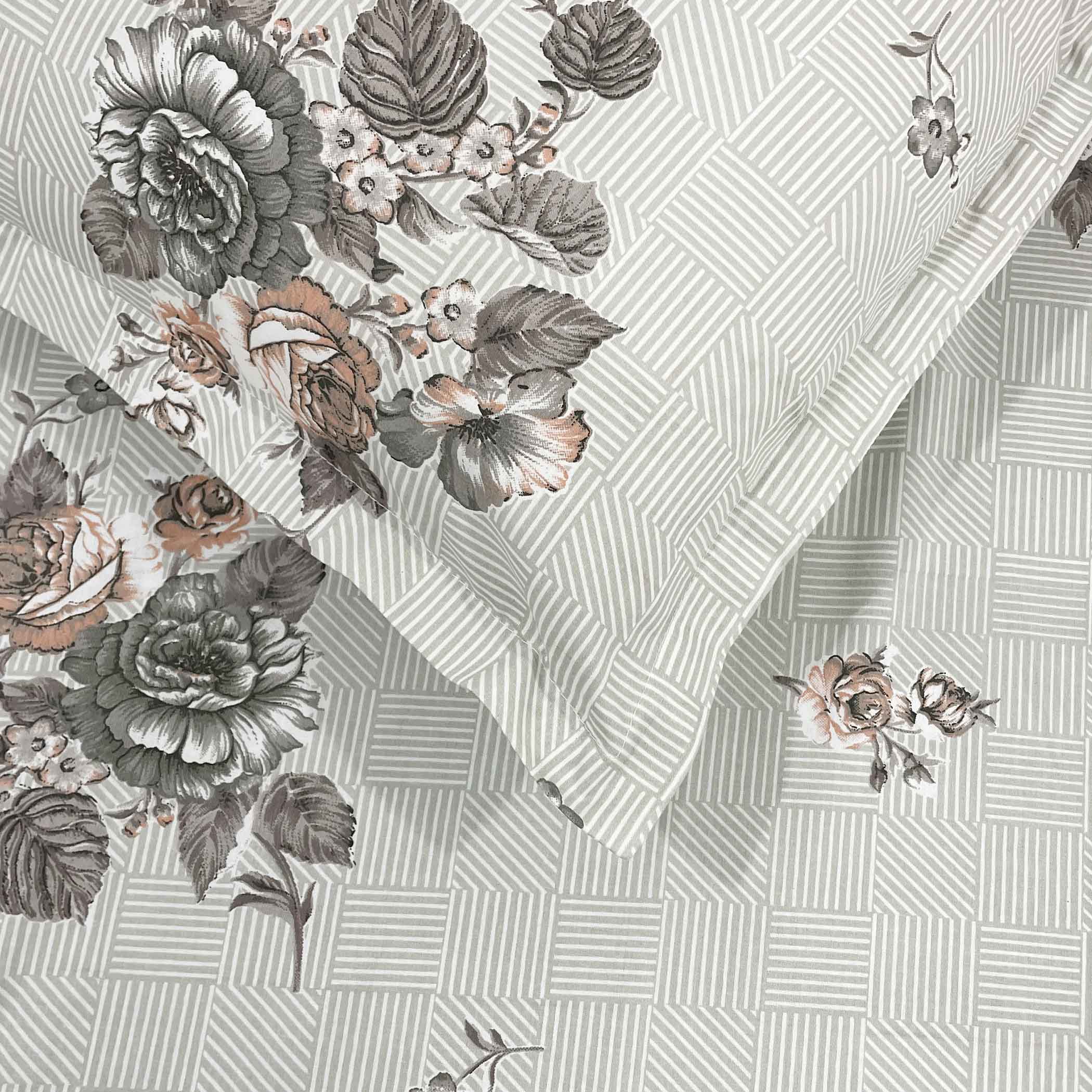 Grey Flora - 210TC Pure Cotton Super King Bedsheet (108x108 Inches)