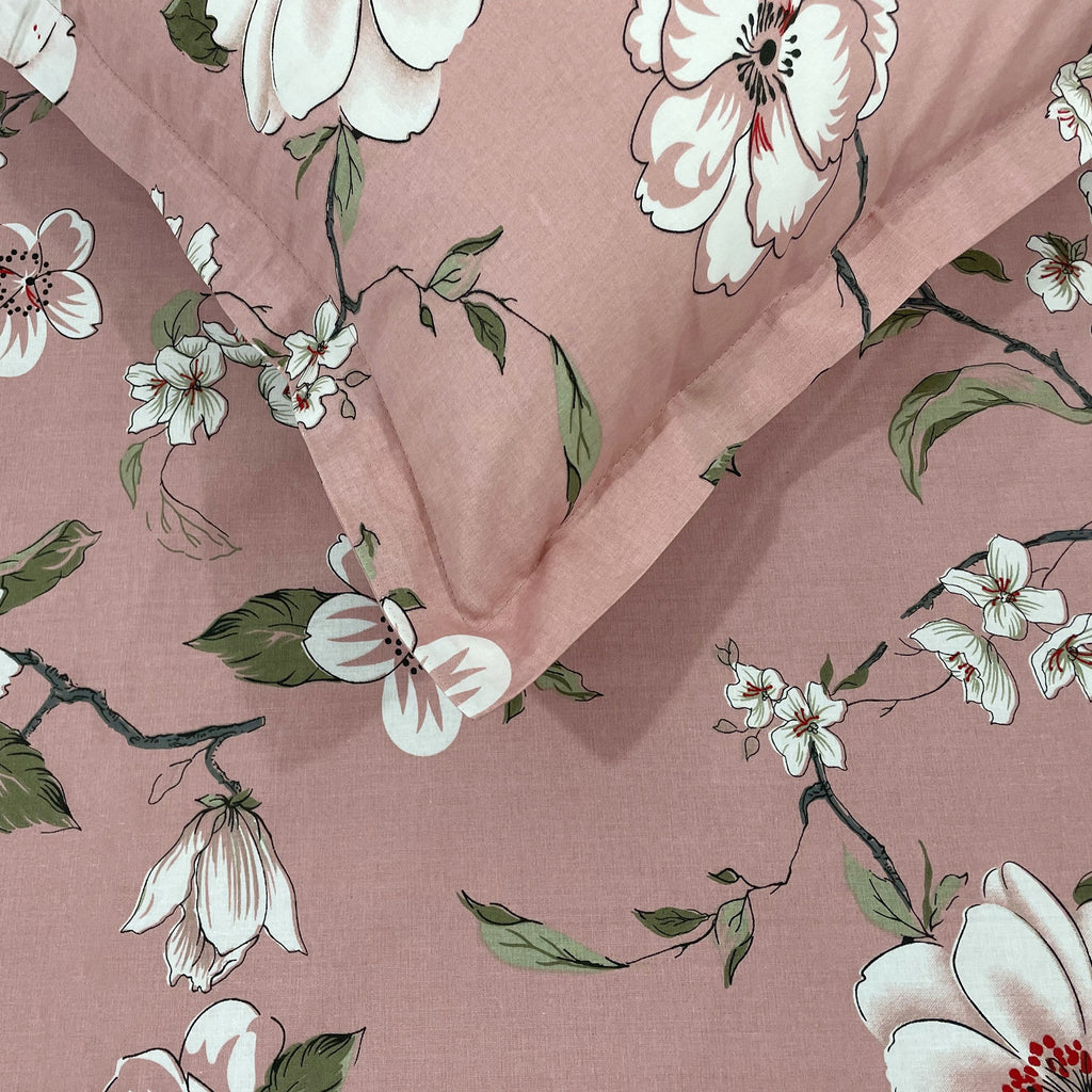 Floral Dusty Rose 210 TC Pure Cotton Super King Bedsheet with 2 Pillow Covers (108 x 108 Inches)