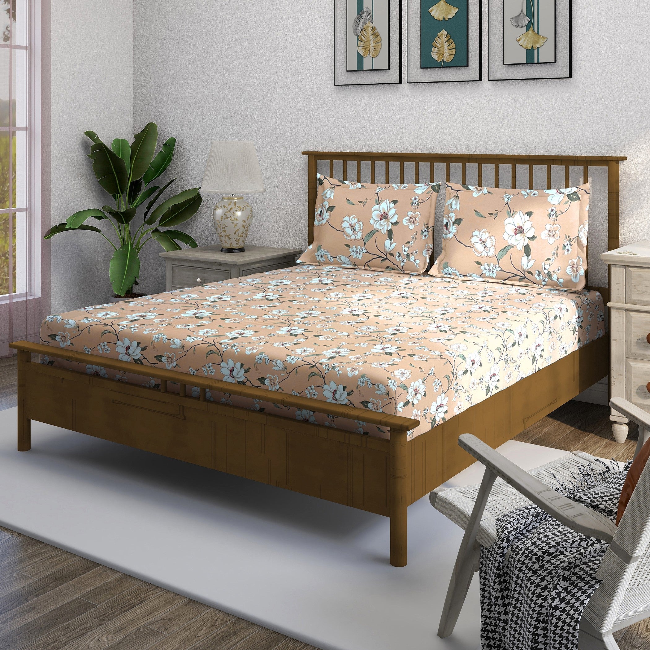 Peach Spring - 210TC Pure Cotton Super King Bedsheet (108x108 Inches)