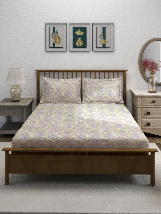 Traditional Motif Print 210 TC Super King Bedsheet (108 x 108) Inches With 2 Pillow Cover