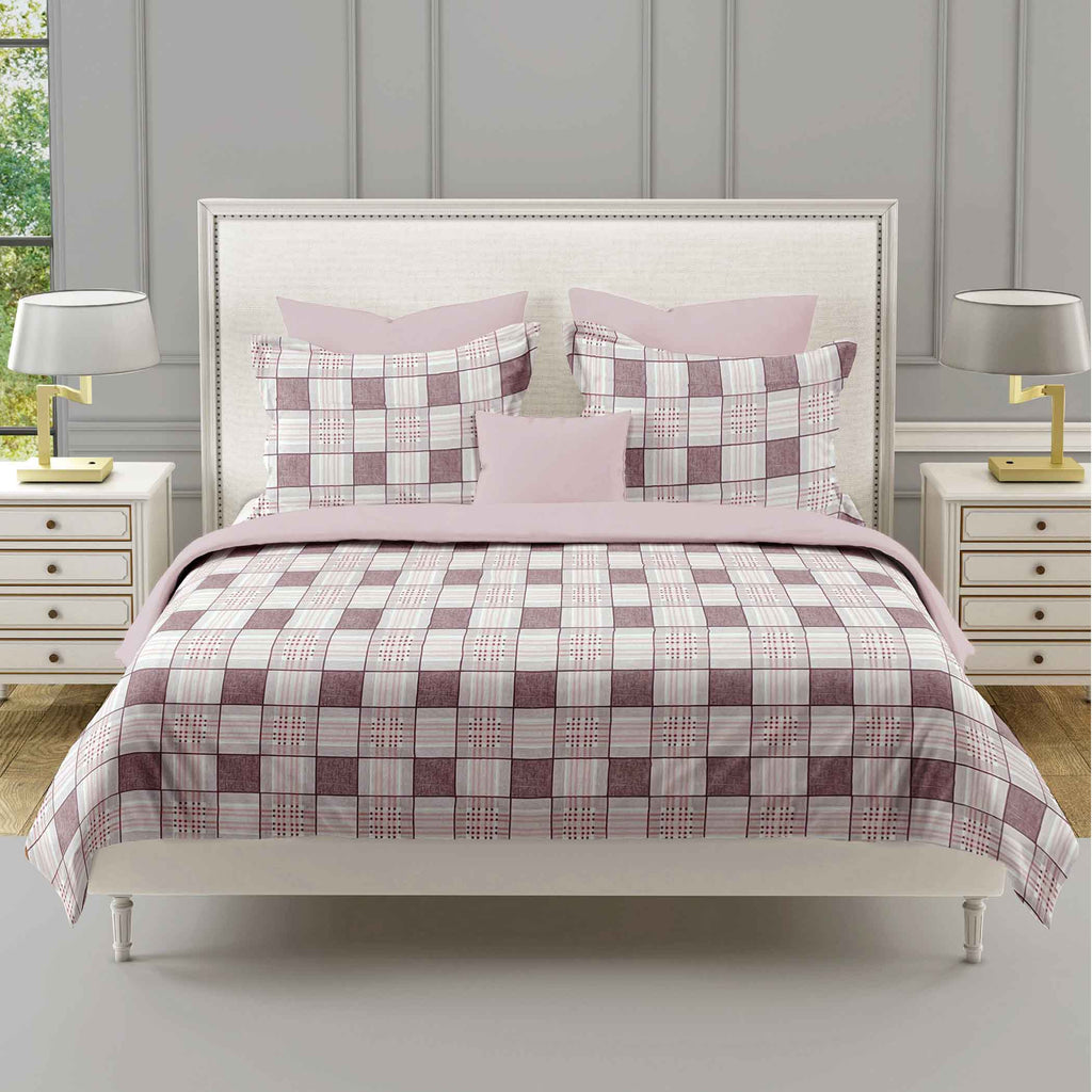 Pink Grid - 210TC Pure Cotton Queen Fitted Bedsheet (60x73x10 Inches)
