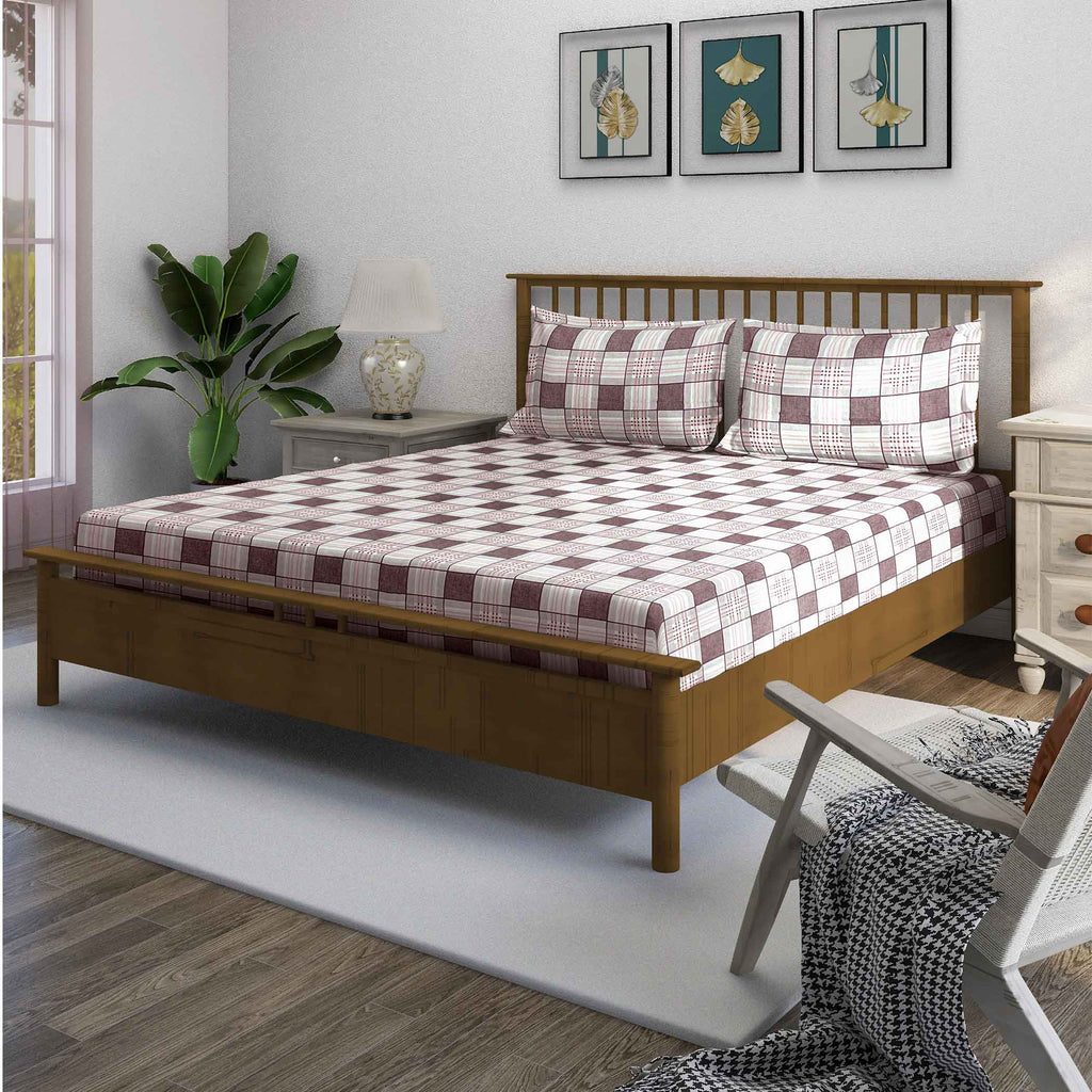 Pink Grid - 210TC Pure Cotton Queen Fitted Bedsheet (60x73x10 Inches)