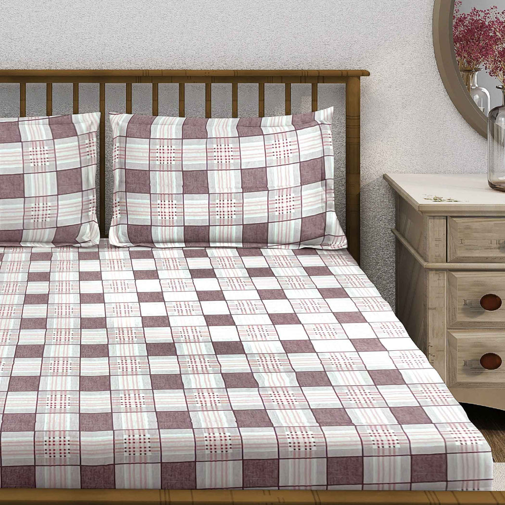 Pink Grid - 210TC Pure Cotton Queen Fitted Bedsheet (60x73x10 Inches)