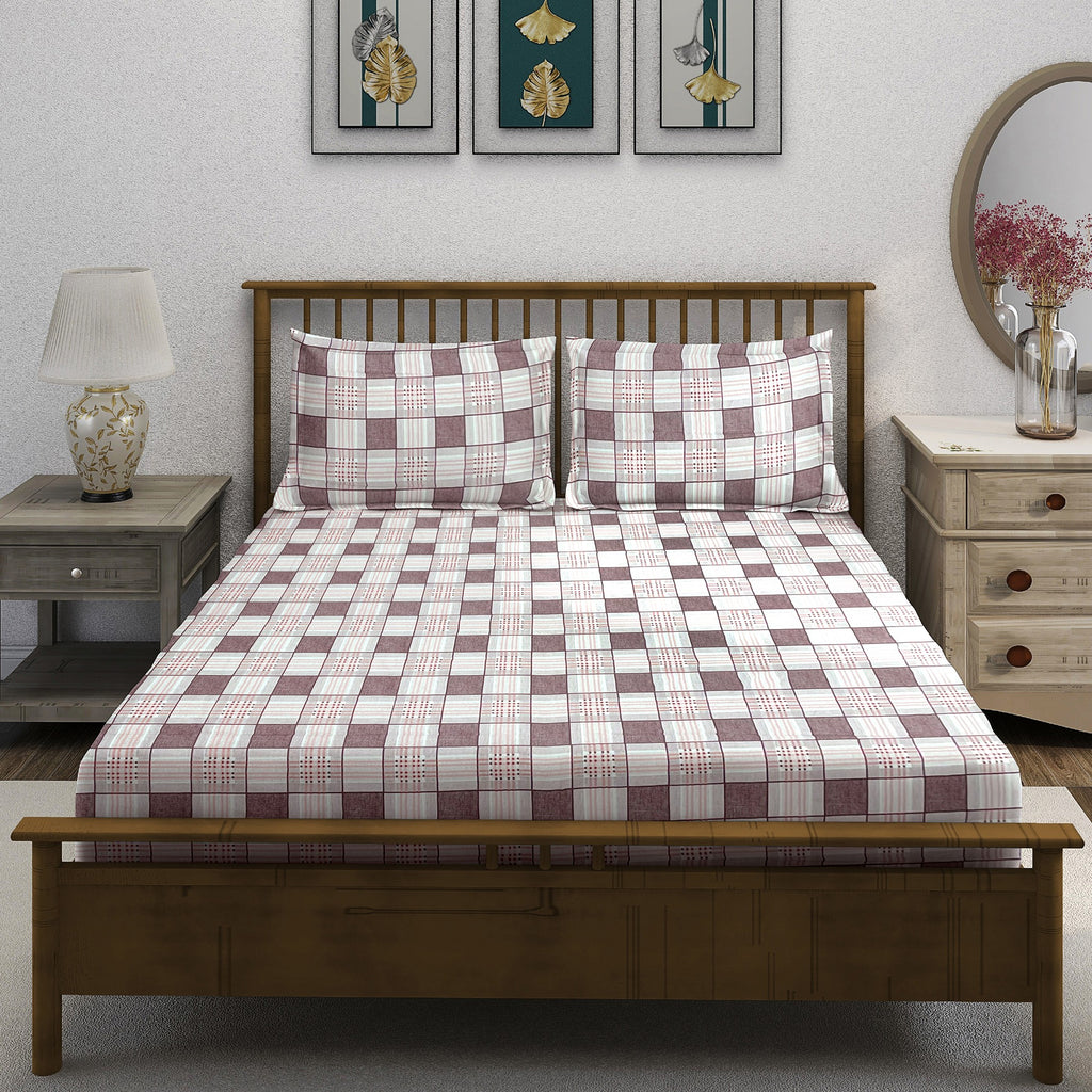 Pink Grid - 210TC Pure Cotton Super King Bedsheet (108x108 Inches)