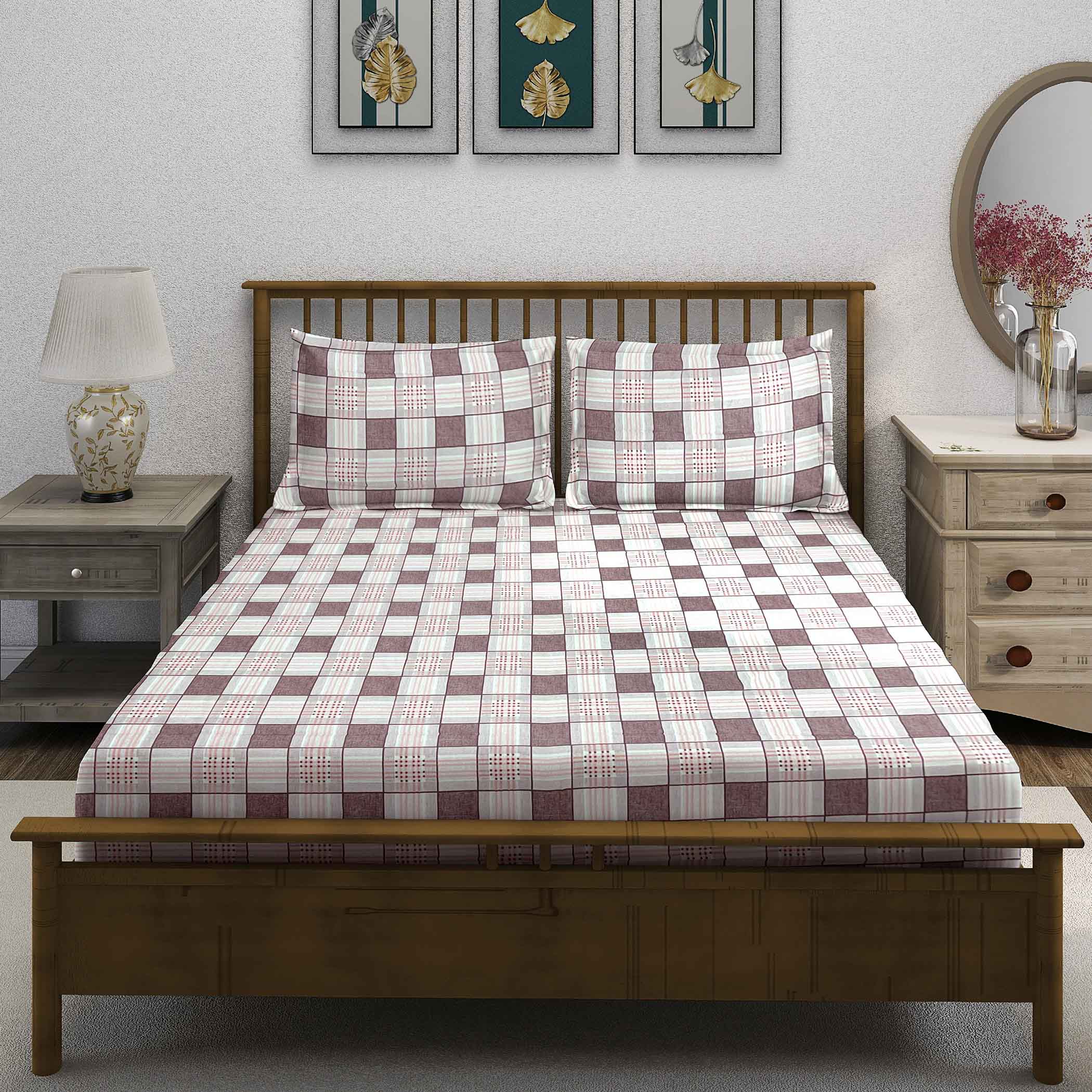 Pink Grid - 210TC Pure Cotton Queen Fitted Bedsheet (60x73x10 Inches)