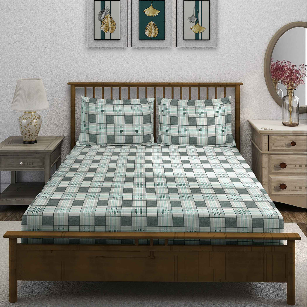 Grey Grid - 210TC Pure Cotton Queen Fitted Bedsheet (60x73x10 Inches)