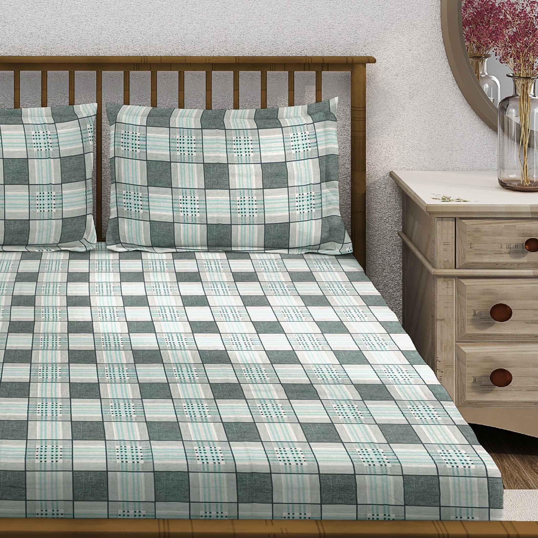 Grey Grid - 210TC Pure Cotton Queen Fitted Bedsheet (60x73x10 Inches)
