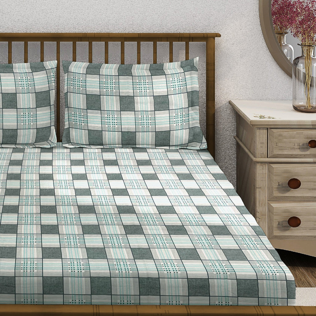 Grey Grid - 210TC Pure Cotton Single Fitted Bedsheet (36 x 78 x 10 Inches)