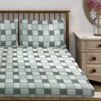 Grey Grid - 210TC Pure Cotton Single Fitted Bedsheet (36 x 78 x 10 Inches)