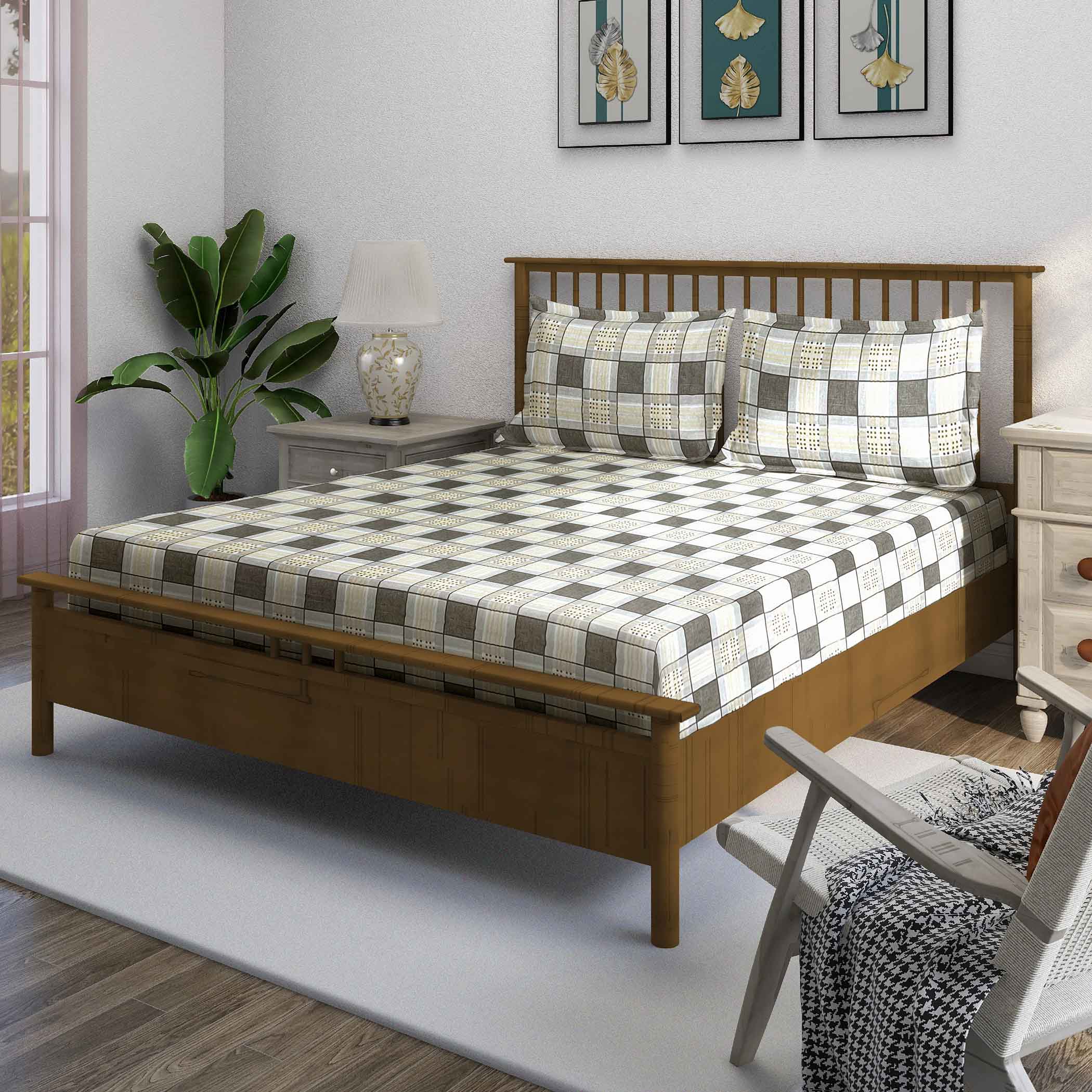 Bee Grid - 210TC Pure Cotton Single Fitted Bedsheet (36 x 90 x 10 Inches)