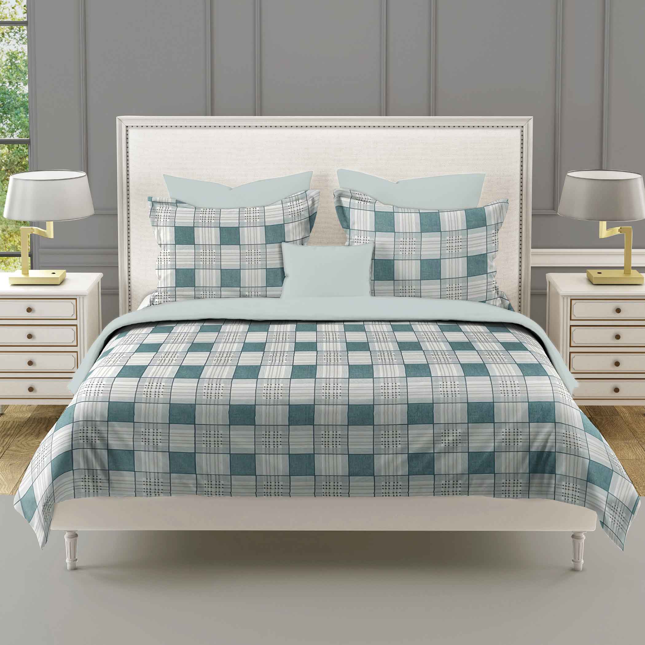 Teal Grid - 210TC Pure Cotton Queen Fitted Bedsheet (60x73x10 Inches)