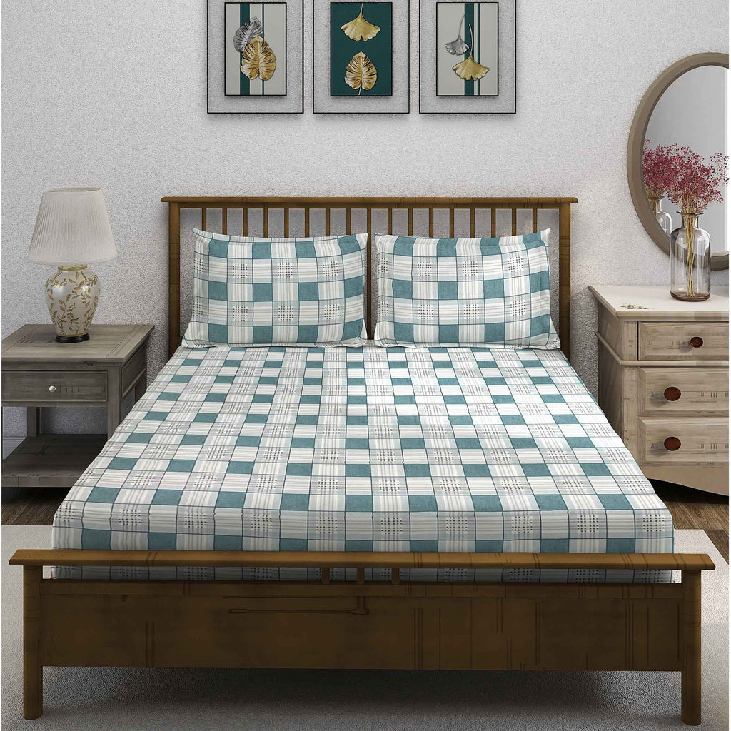 Teal Grid - 210TC Pure Cotton Queen Fitted Bedsheet (60x73x10 Inches)