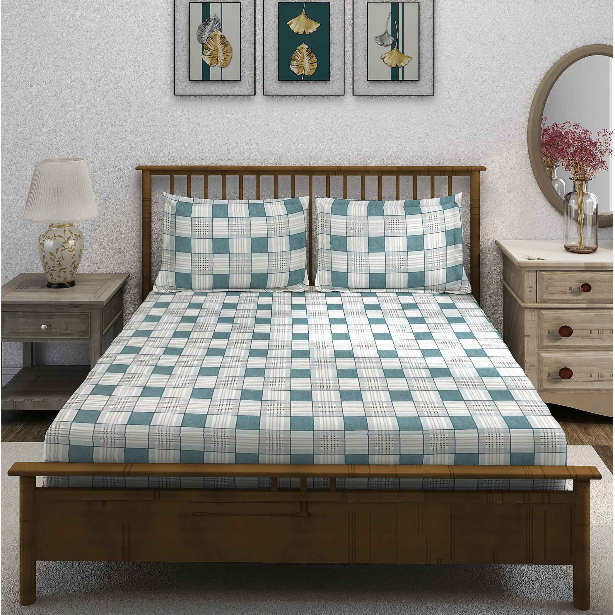 Teal Grid - 210TC Pure Cotton Single Fitted Bedsheet (36 x 90 x 10 Inches)