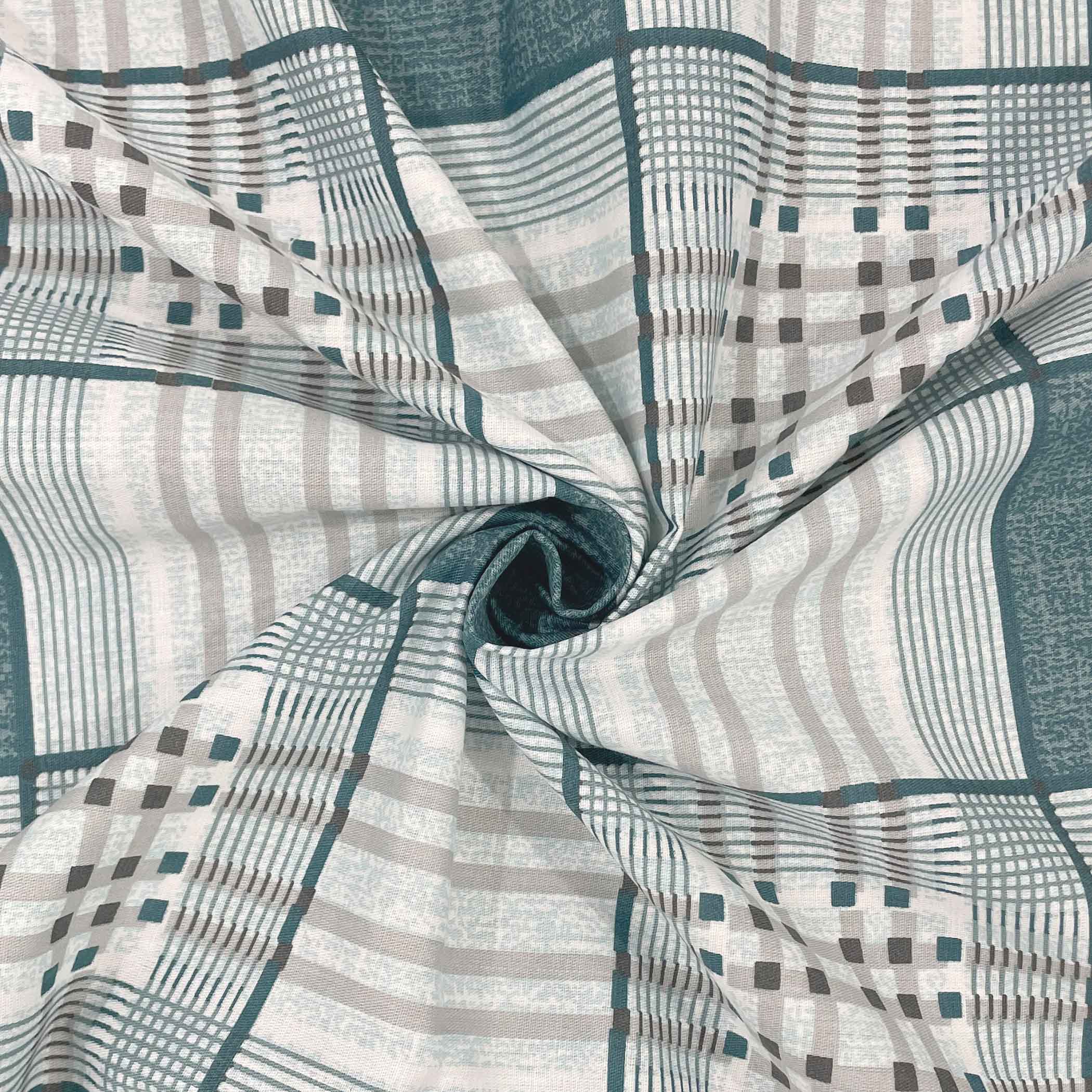 Teal Grid - 210TC Pure Cotton Queen Fitted Bedsheet (60x73x10 Inches)