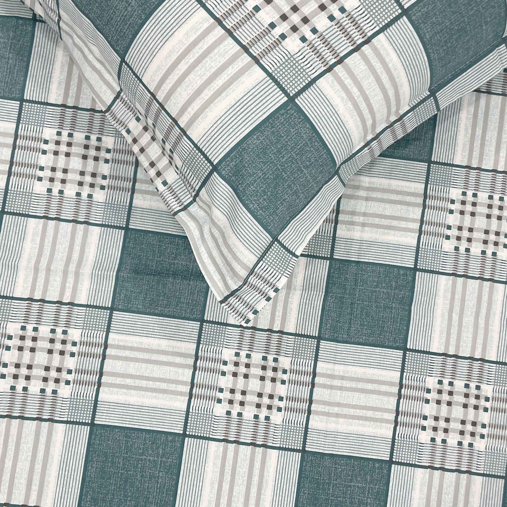Teal Grid - 210TC Pure Cotton Queen Fitted Bedsheet (60x73x10 Inches)
