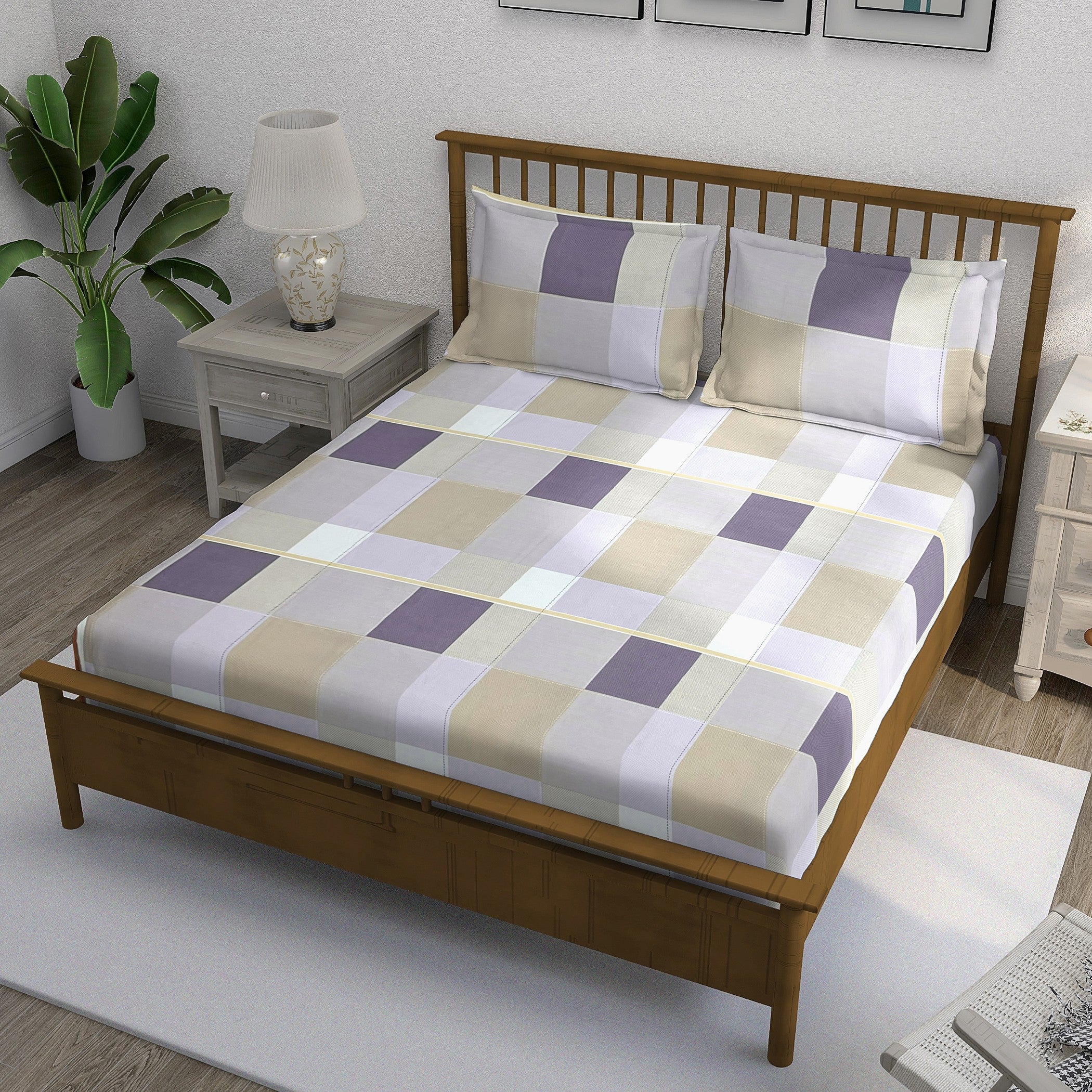 Lavender Squares - 210TC Pure Cotton Super King Bedsheet (108x108 Inches)