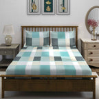 Teal Squares - 210TC Pure Cotton Queen Fitted Bedsheet (60x73x10 Inches)