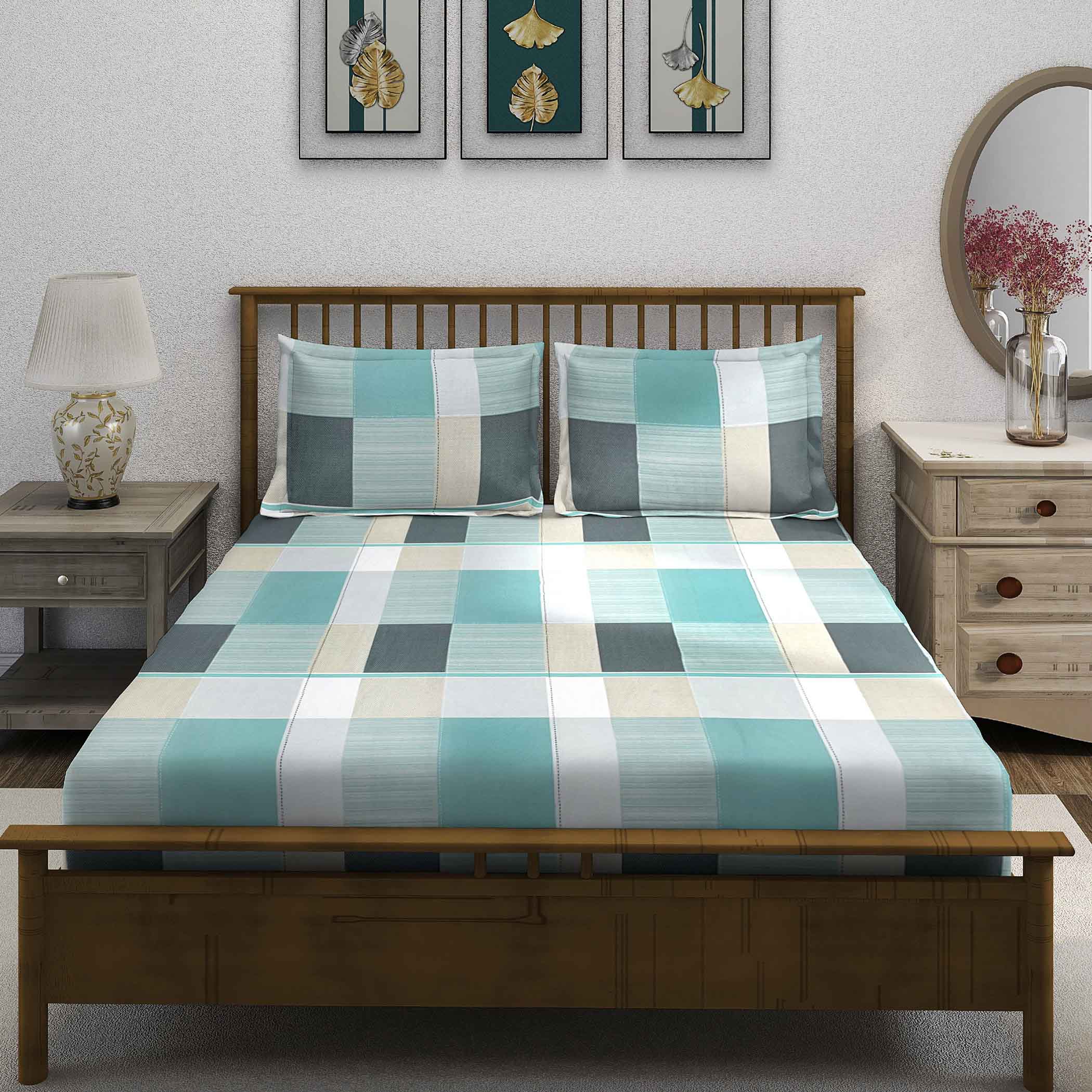 Teal Squares - 210TC Pure Cotton Super King Bedsheet (108x108 Inches)