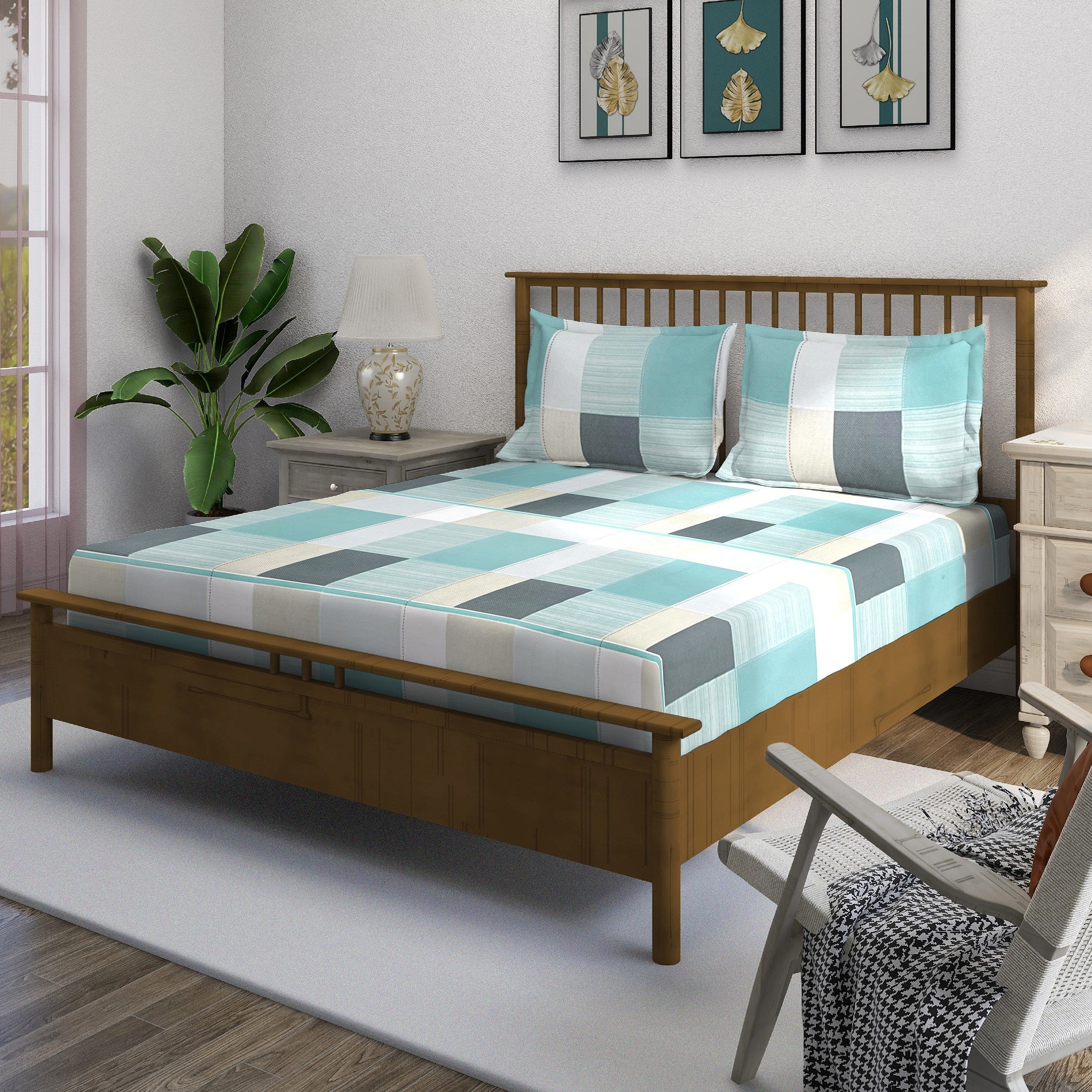 Teal Squares - 210TC Pure Cotton Super King Bedsheet (108x108 Inches)