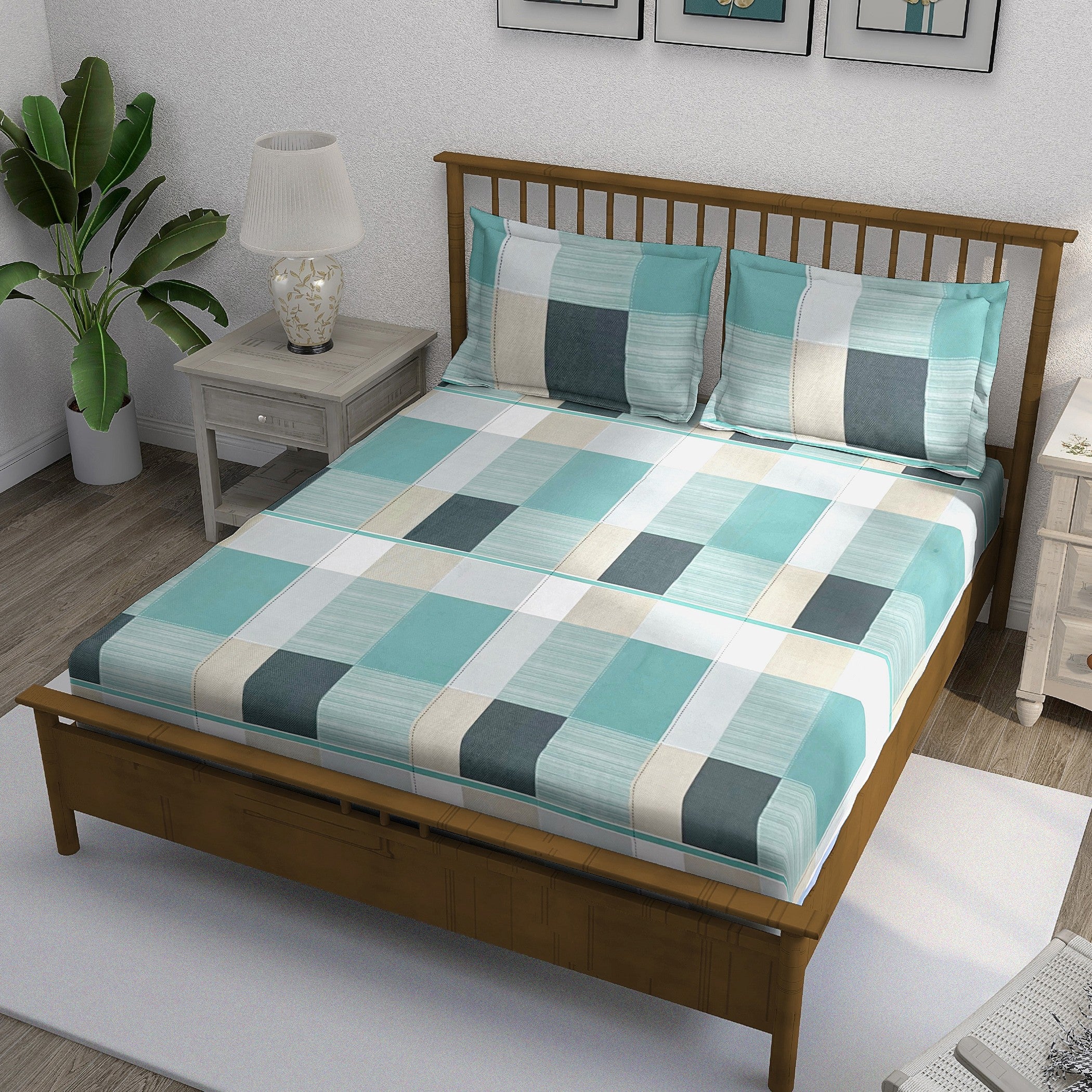 Teal Squares - 210TC Pure Cotton Super King Bedsheet (108x108 Inches)