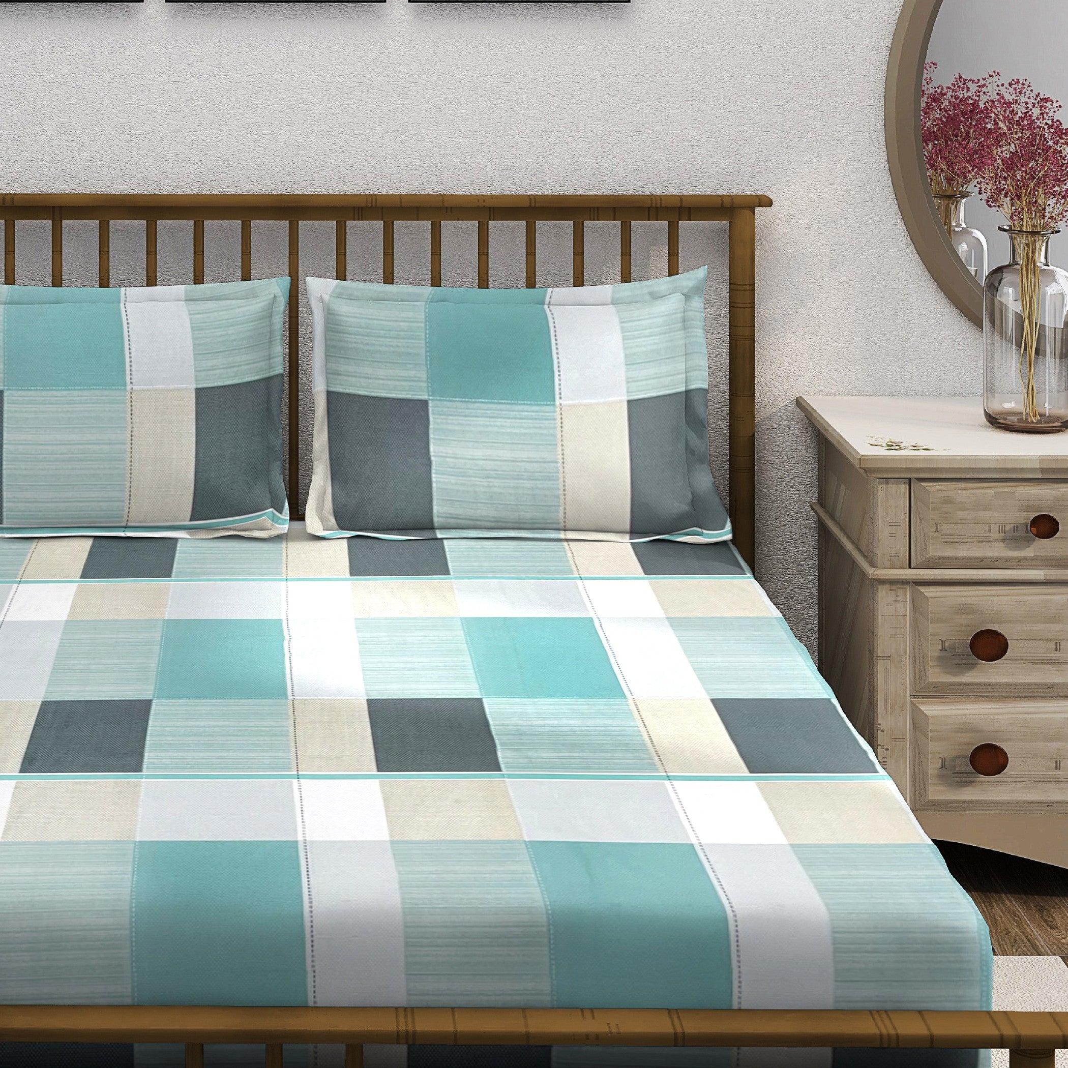 Teal Squares - 210TC Pure Cotton Super King Bedsheet (108x108 Inches)