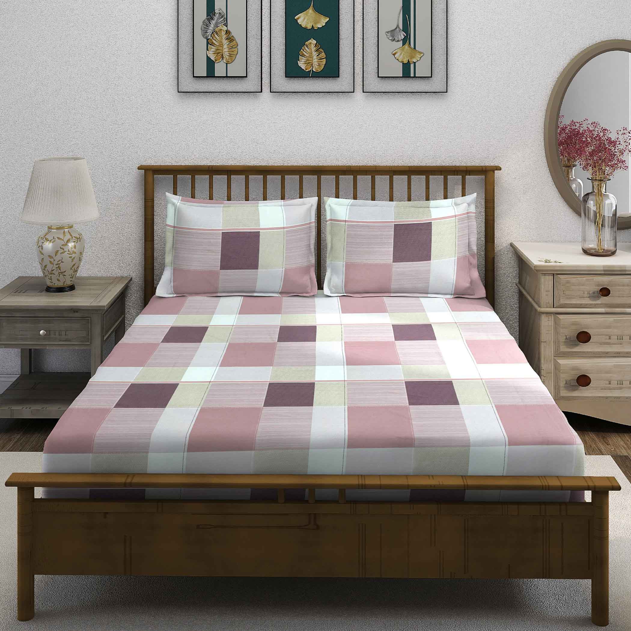 Pink Squares - 210TC Pure Cotton Queen Fitted Bedsheet (60x73x10 Inches)