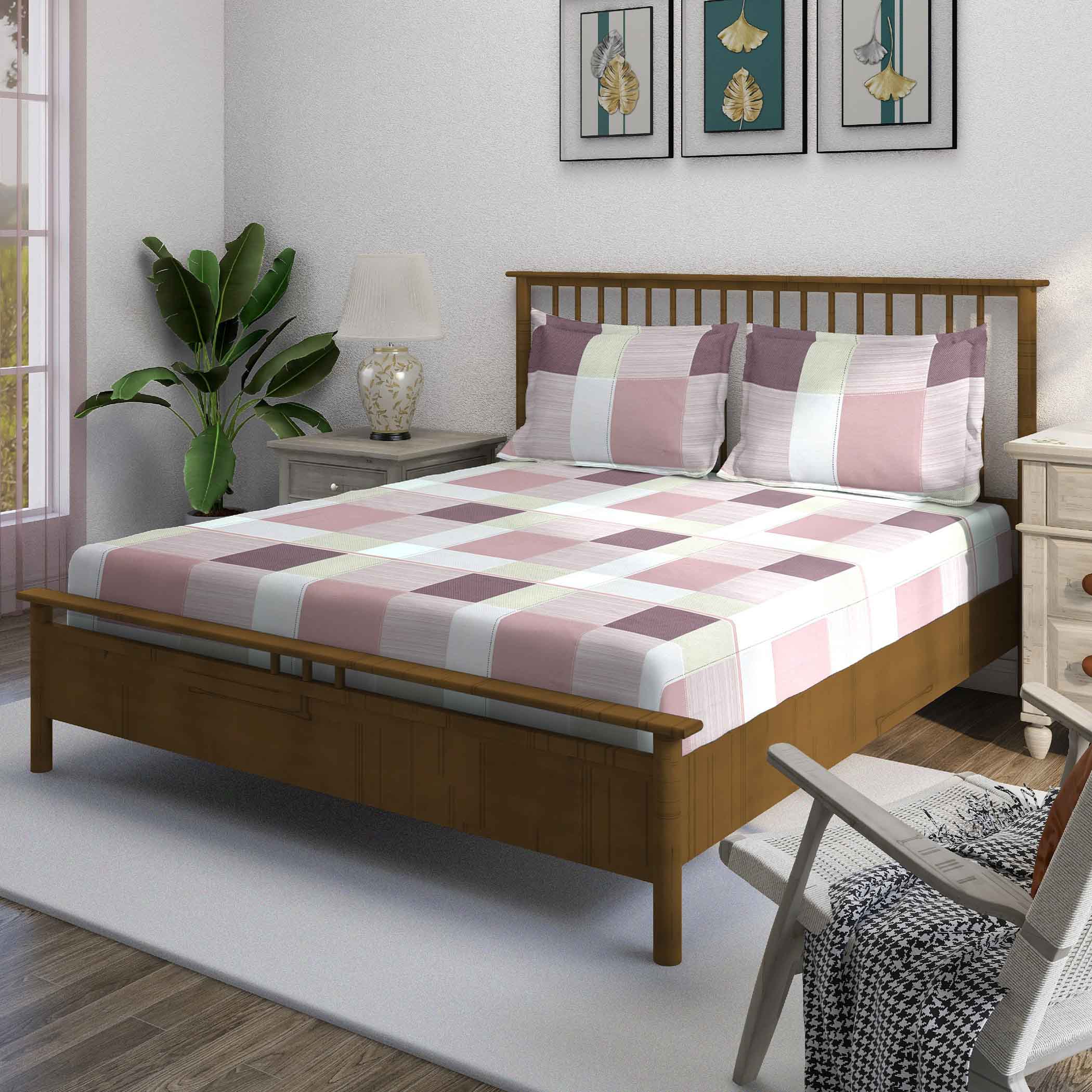 Pink Squares - 210TC Pure Cotton Single Bedsheet (60x90 Inches)