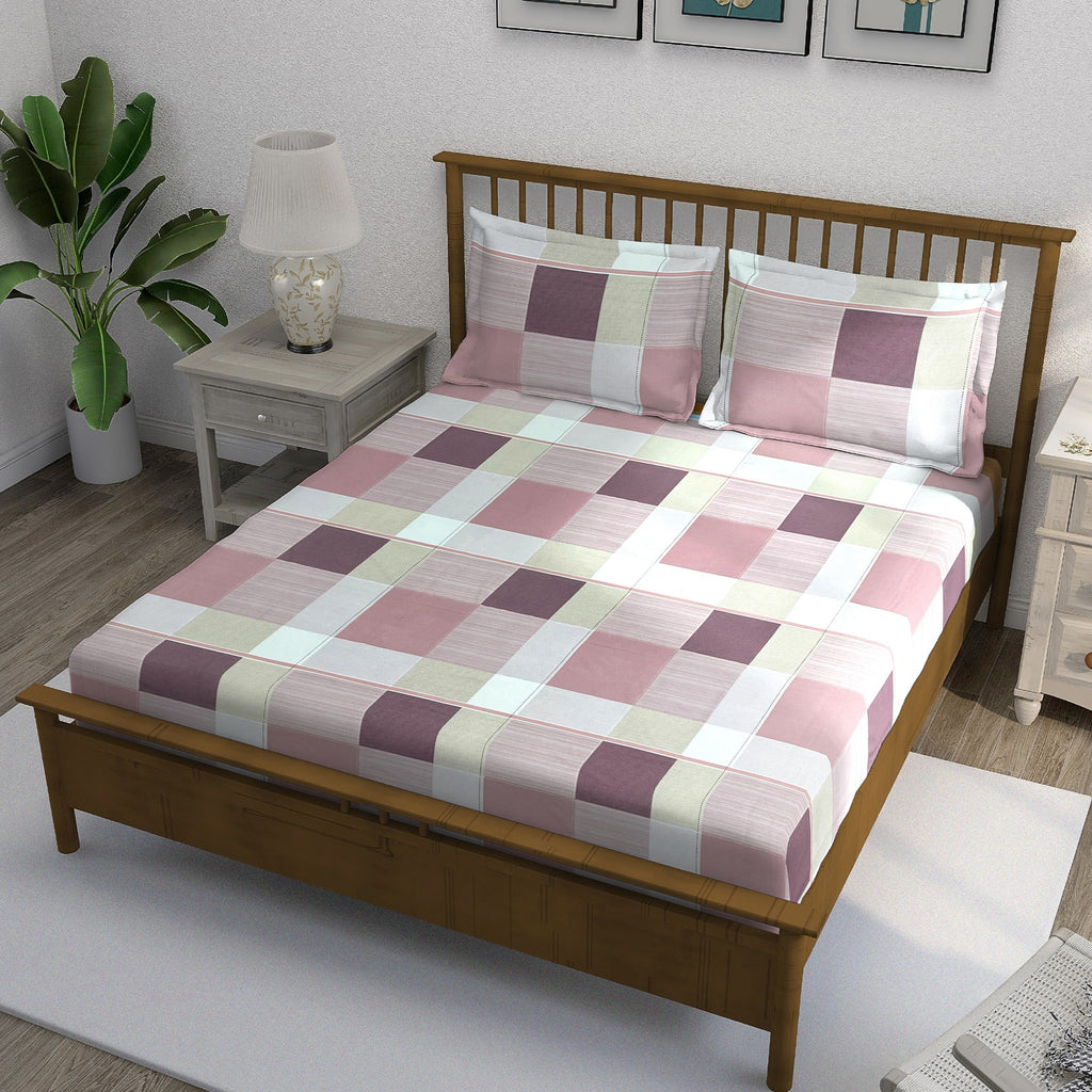 Pink Squares - 210TC Pure Cotton Super King Bedsheet (108x108 Inches)