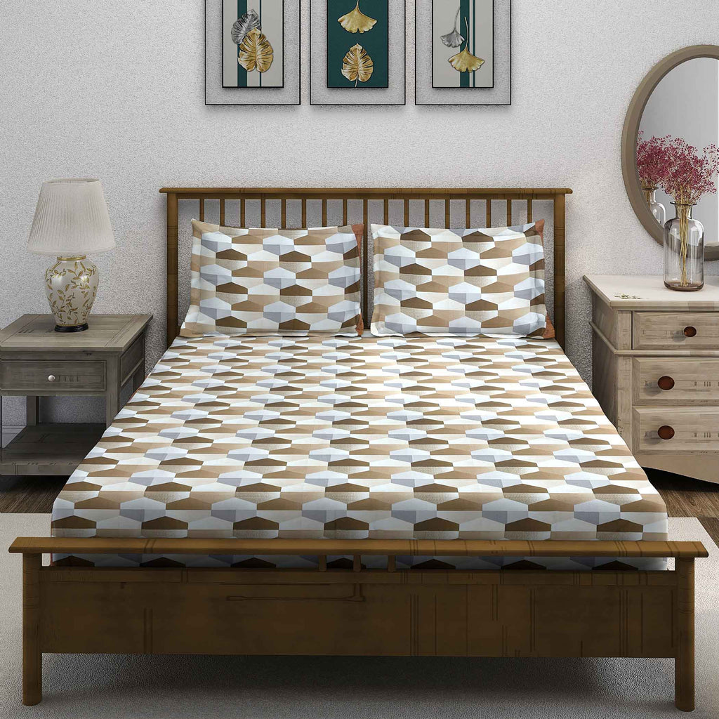 Beige Hex - 210TC Pure Cotton Queen Fitted Bedsheet (60x73x10 Inches)