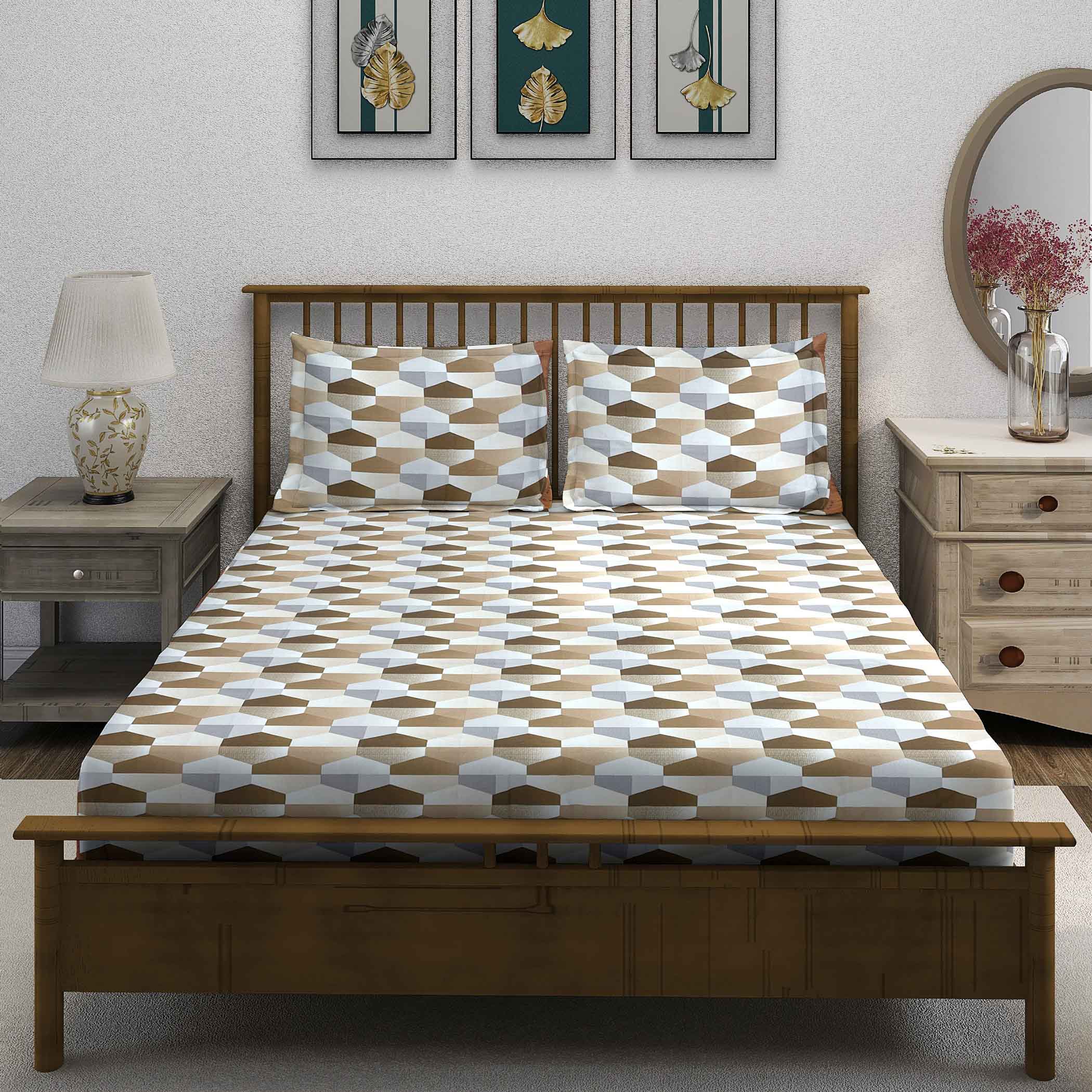 Beige Hex - 210TC Pure Cotton Super King Bedsheet (108x108 Inches)