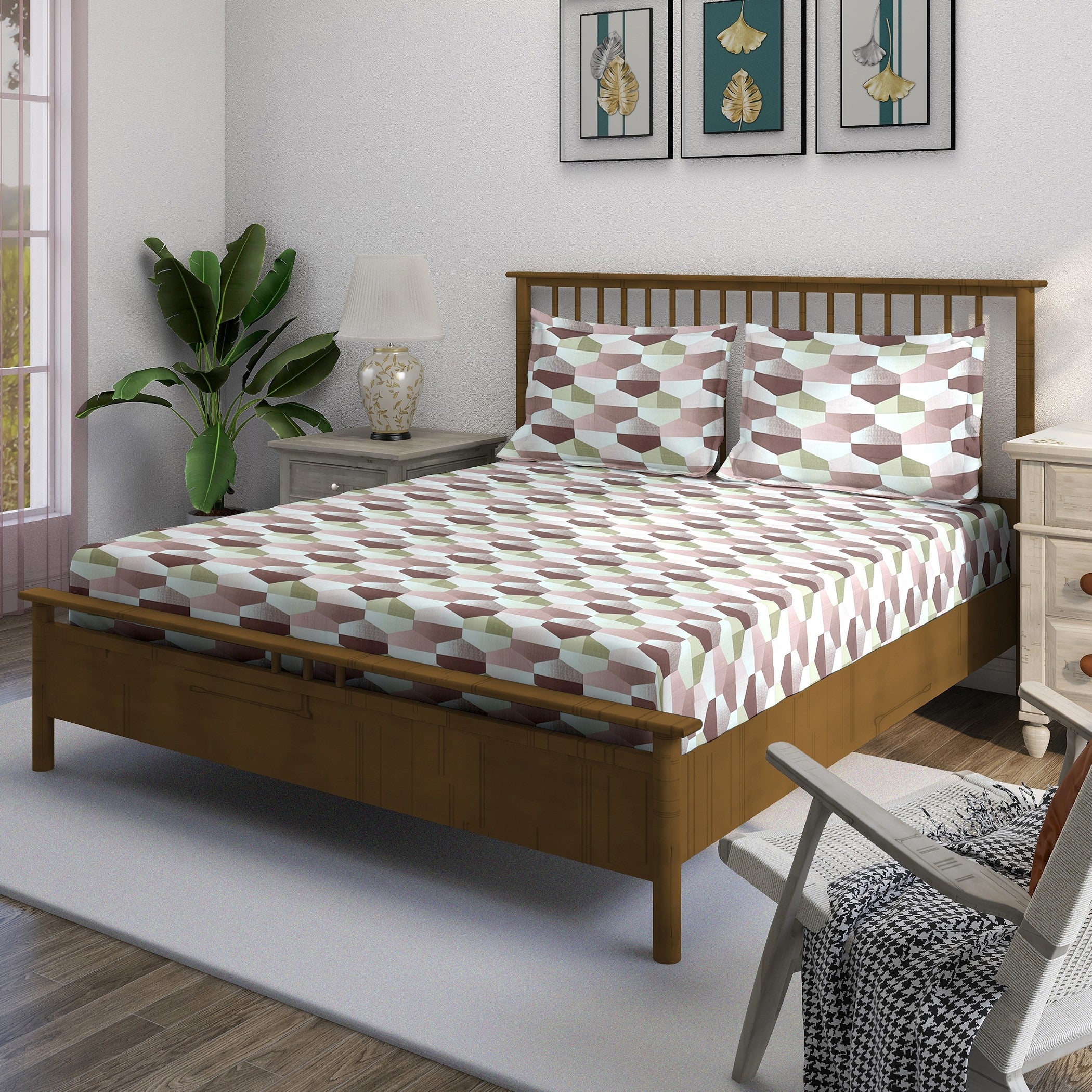 3D Geometric Print 210 TC Super King Bedsheet (108 x 108) Inches With 2 Pillow Cover