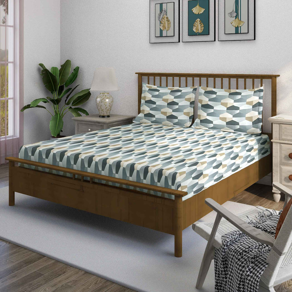 Grey Hex - 210TC Pure Cotton Queen Fitted Bedsheet (60x73x10 Inches)