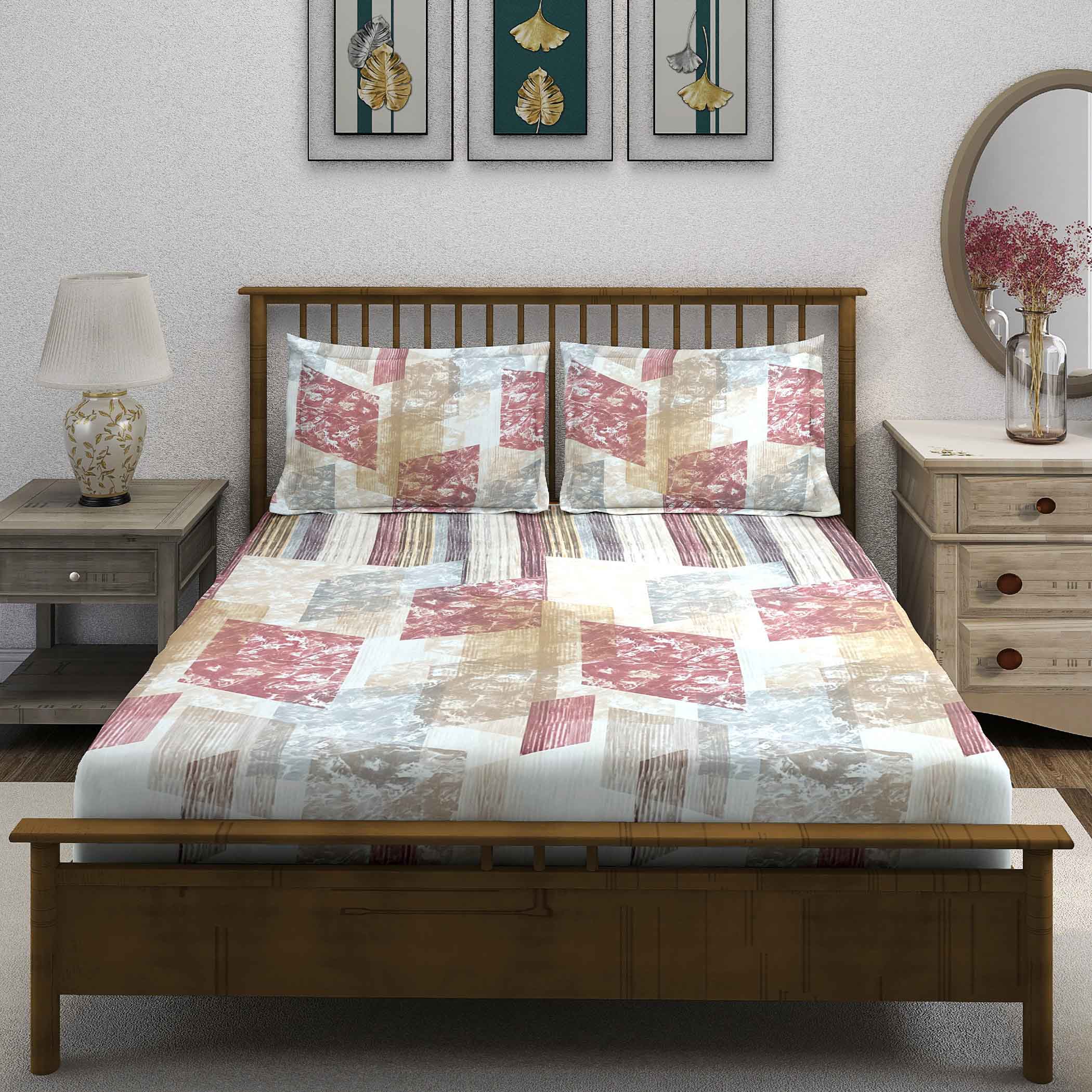 Rose Matrix - 210TC Pure Cotton Queen Fitted Bedsheet (60x73x10 Inches)