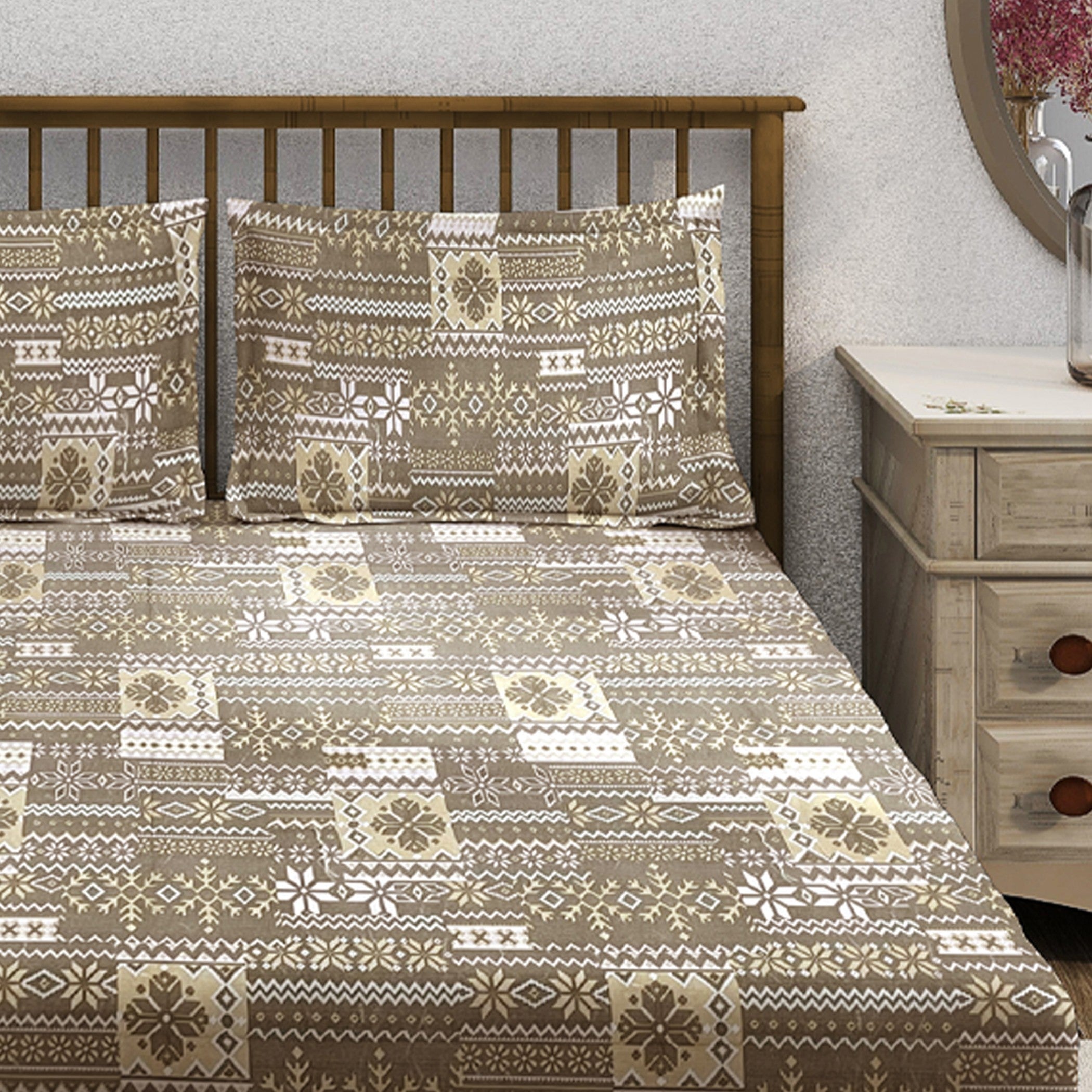 Ethnic Geometric Print 210 TC Super King Bedsheet (108 x 108) Inches With 2 Pillow Cover
