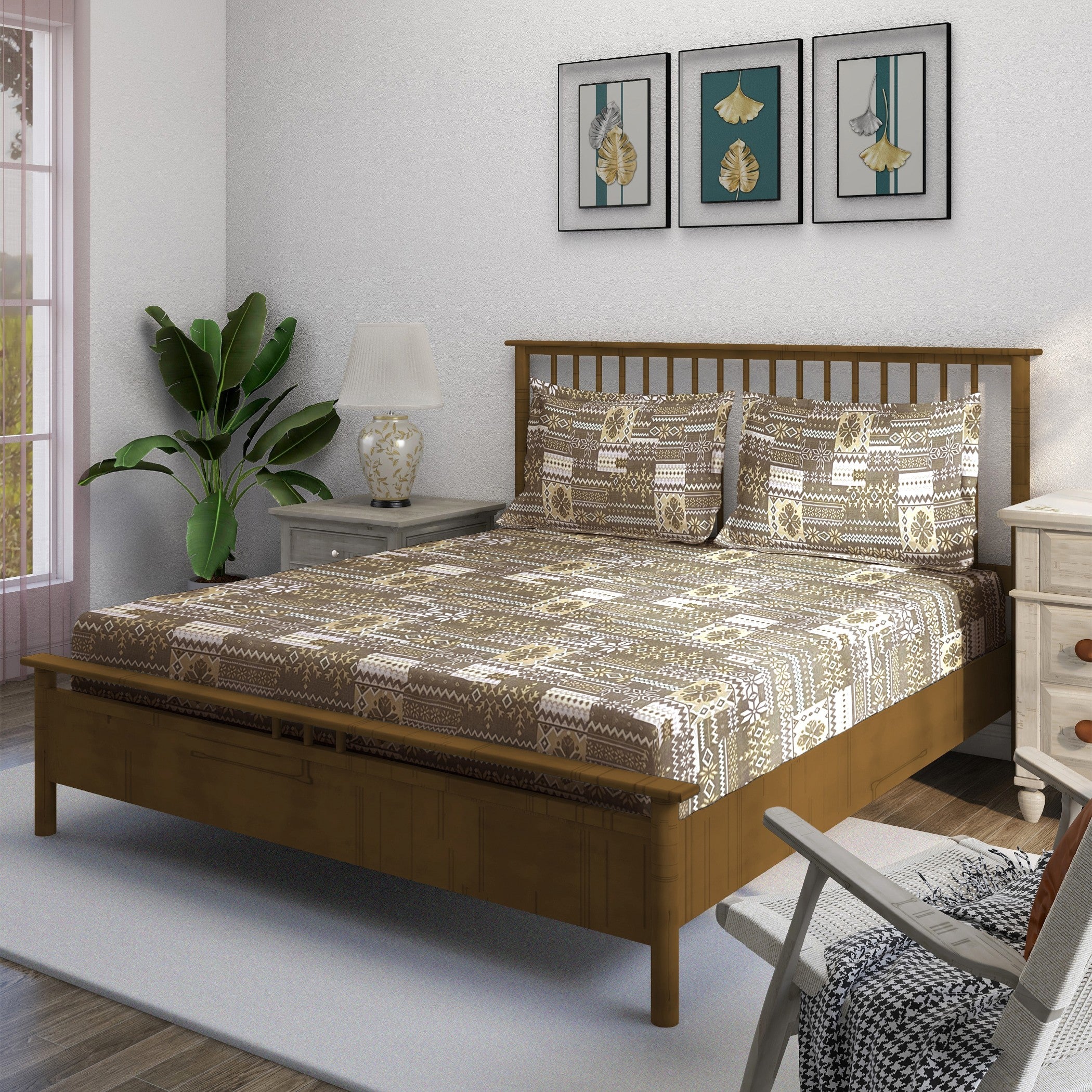 Ethnic Geometric Print 210 TC Super King Bedsheet (108 x 108) Inches With 2 Pillow Cover