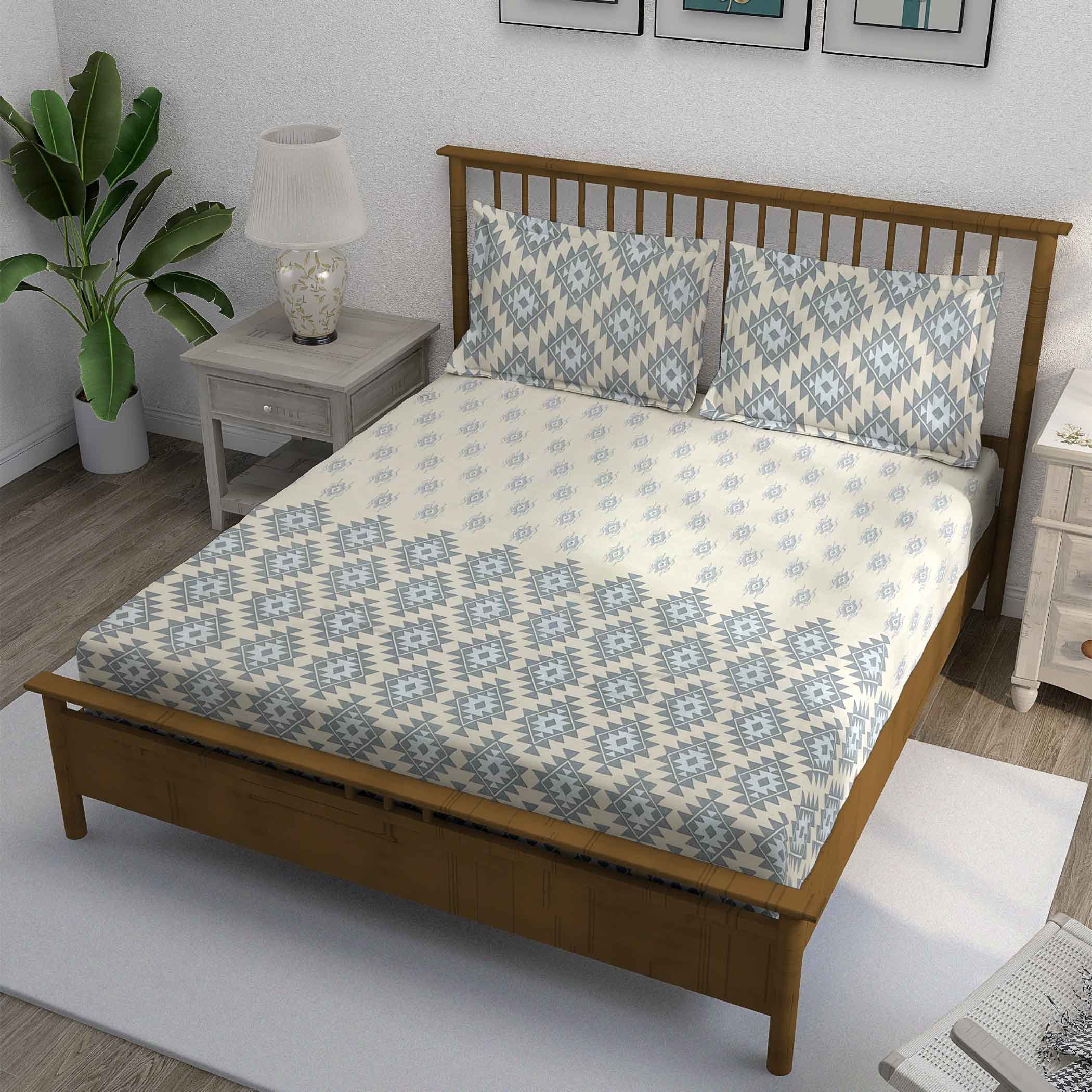 Sandy Dunes - 210TC Pure Cotton Queen Fitted Bedsheet (60x73x10 Inches)