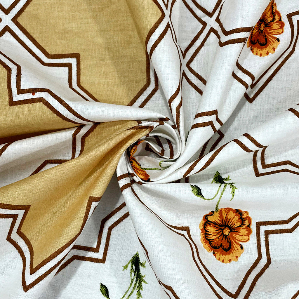 White & Mustard Floral Geometric Print Pure Cotton 210 TC Super King Bedsheet with 2 Pillow Covers (108x108 Inches)