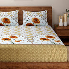 White & Mustard Floral Geometric Print Pure Cotton 210 TC Super King Bedsheet with 2 Pillow Covers (108x108 Inches)