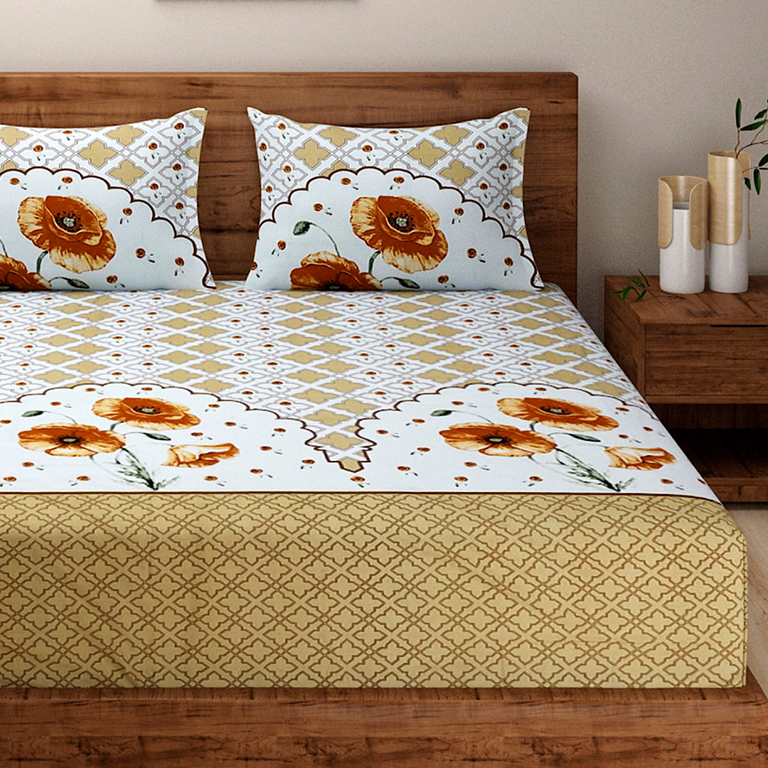 White & Mustard Floral Geometric Print Pure Cotton 210 TC Super King Bedsheet with 2 Pillow Covers (108x108 Inches)