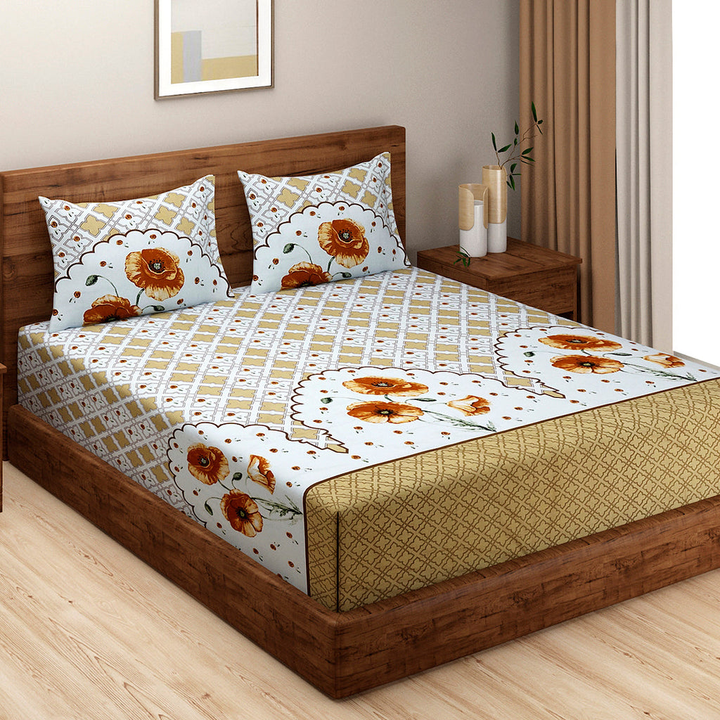 White & Mustard Floral Geometric Print Pure Cotton 210 TC Super King Bedsheet with 2 Pillow Covers (108x108 Inches)