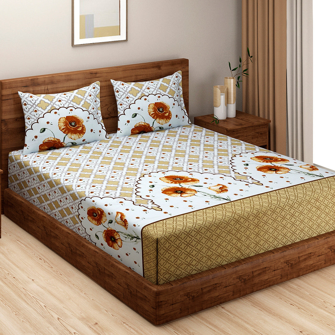 White & Mustard Floral Geometric Print Pure Cotton 210 TC Super King Bedsheet with 2 Pillow Covers (108x108 Inches)