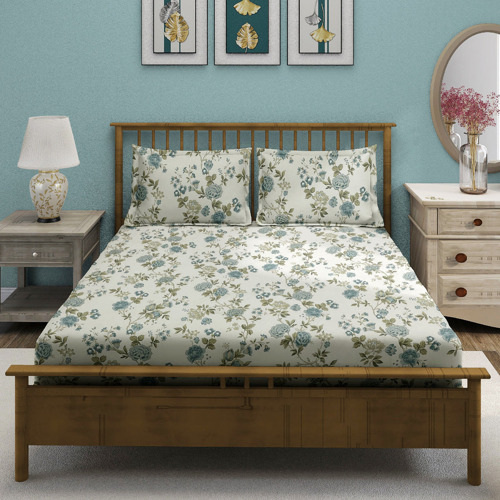 Cotton Super King Bedsheet with 2 Pillow Covers - Cream Base with Teal & Olive Floral Print (108x108 inches)