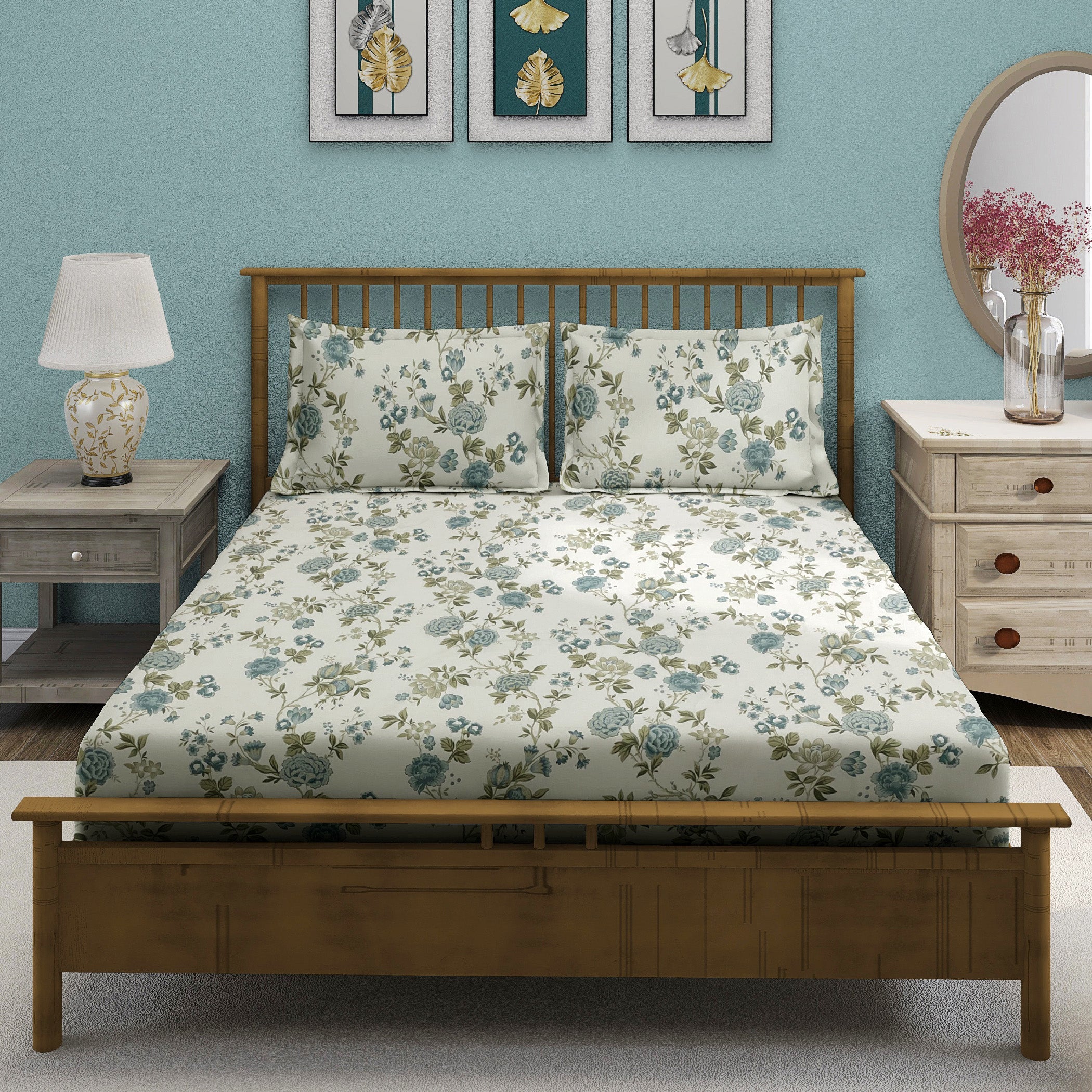 Cotton Super King Bedsheet with 2 Pillow Covers - Cream Base with Teal & Olive Floral Print (108x108 inches)