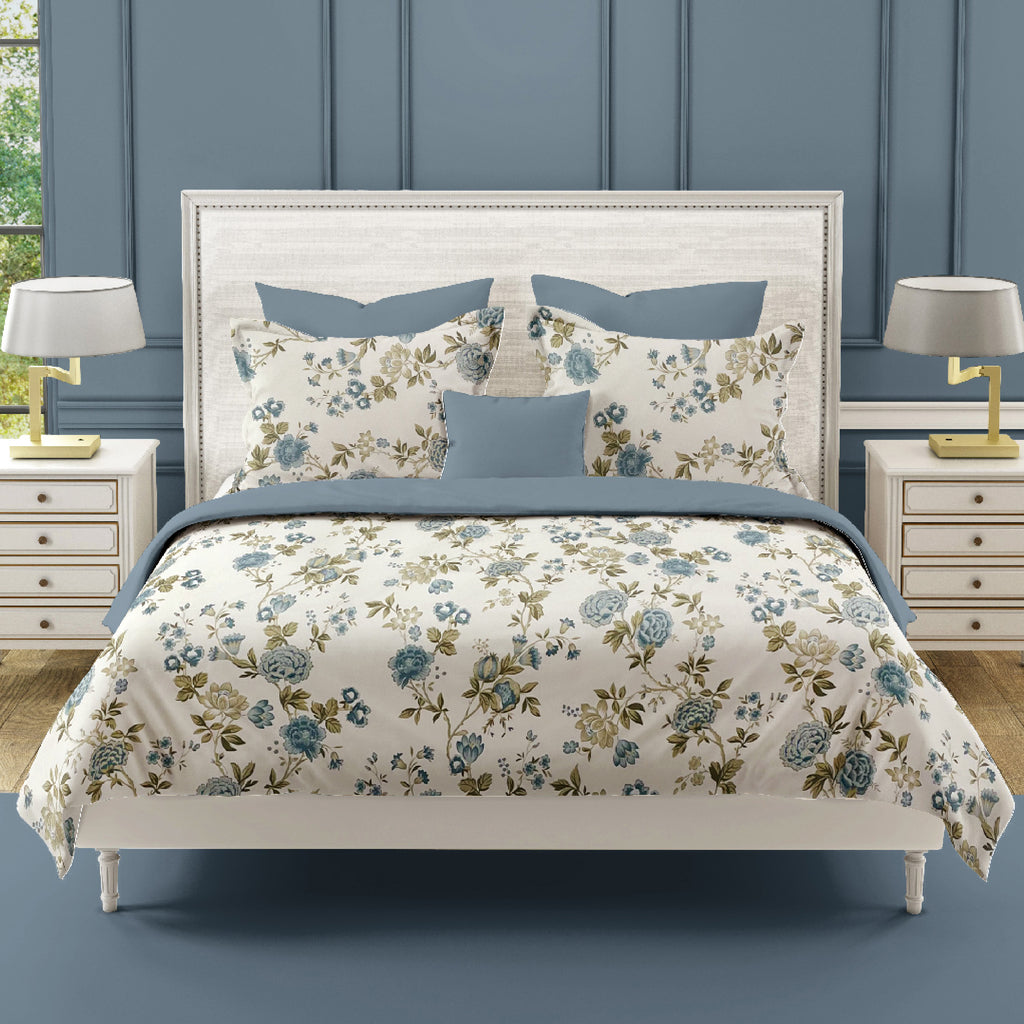 Cotton Super King Bedsheet with 2 Pillow Covers - Cream Base with Teal & Olive Floral Print (108x108 inches)